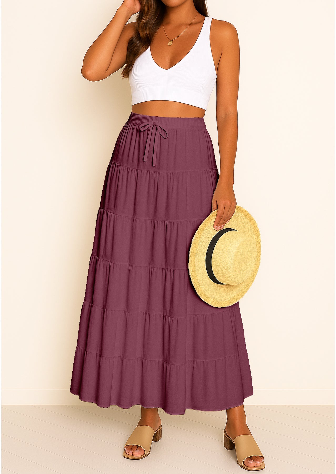 Women's Solid Cotton Maxi Skirt with Pockets Elastic Waist Resort Wear