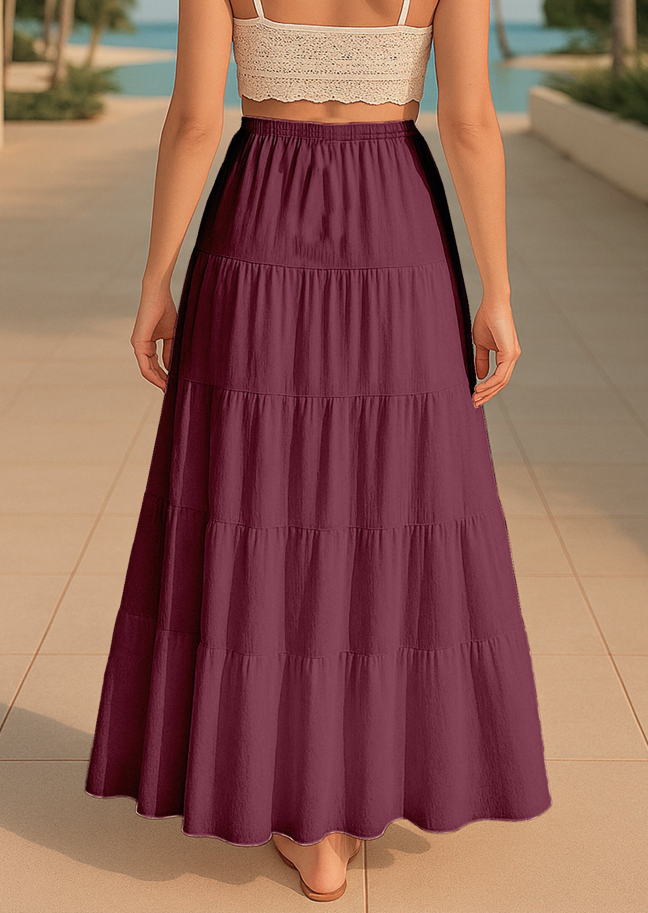 Women's Solid Cotton Maxi Skirt with Pockets Elastic Waist Resort Wear