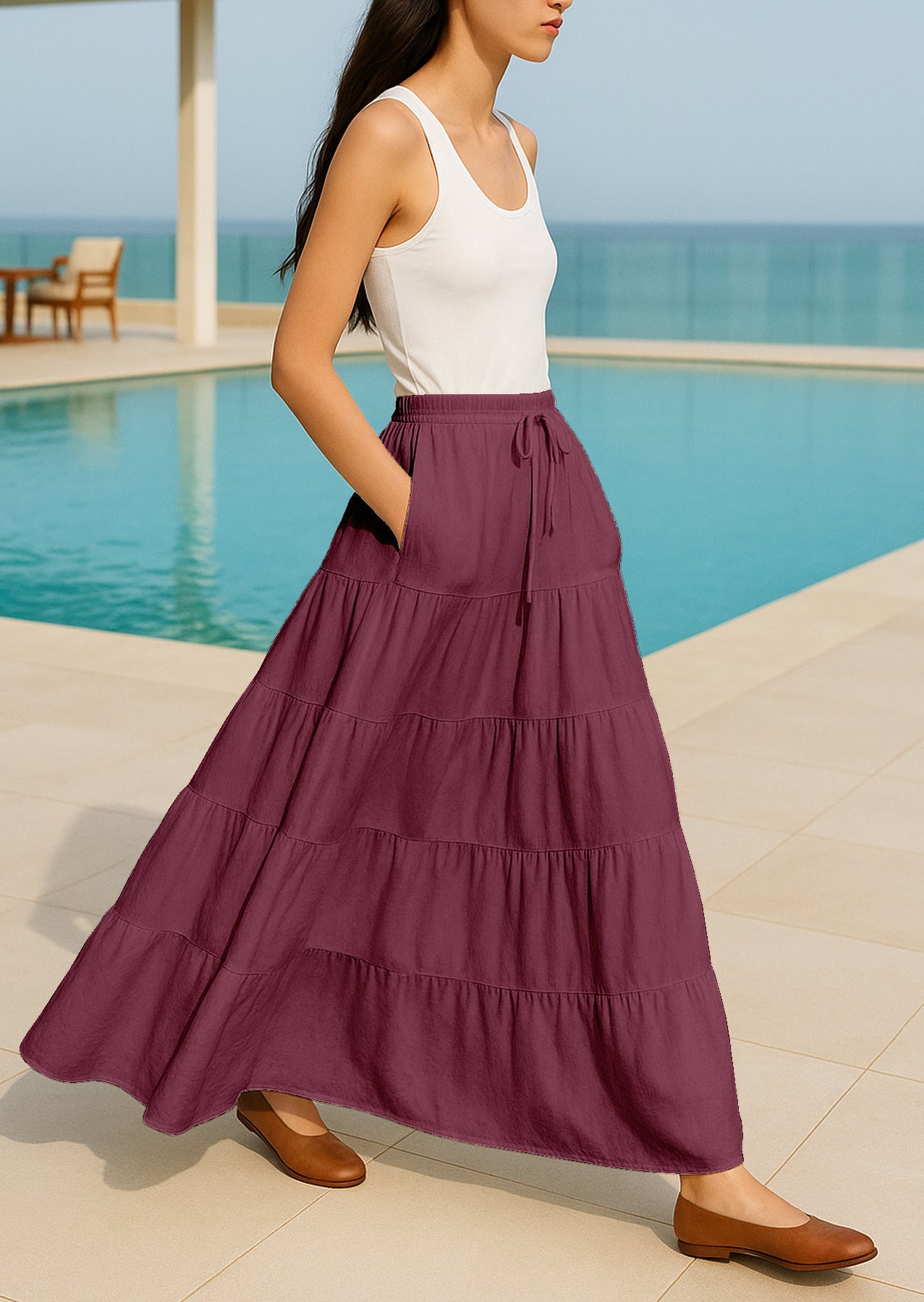 Women's Solid Cotton Maxi Skirt with Pockets Elastic Waist Resort Wear