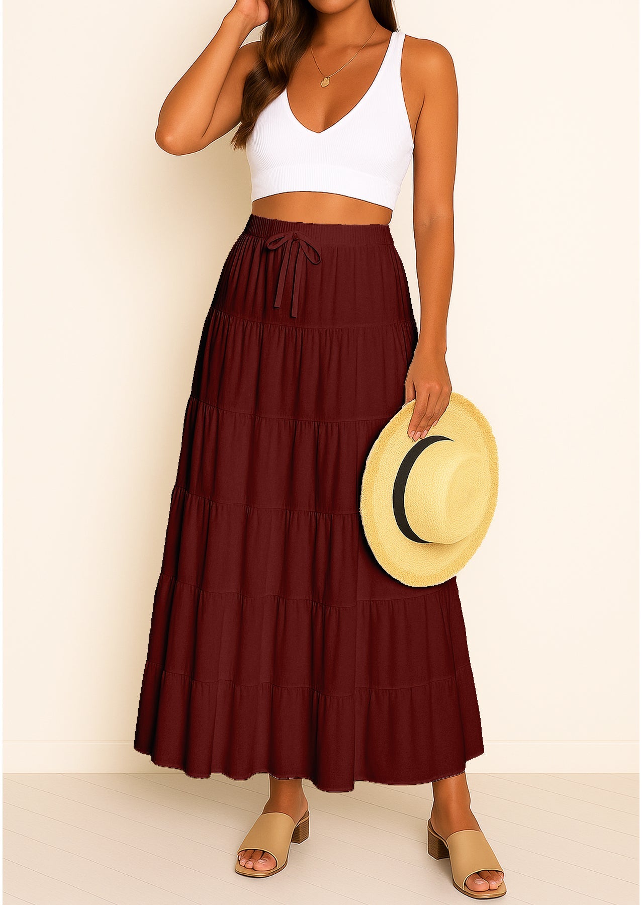 Women's Solid Cotton Maxi Skirt with Pockets Elastic Waist Resort Wear