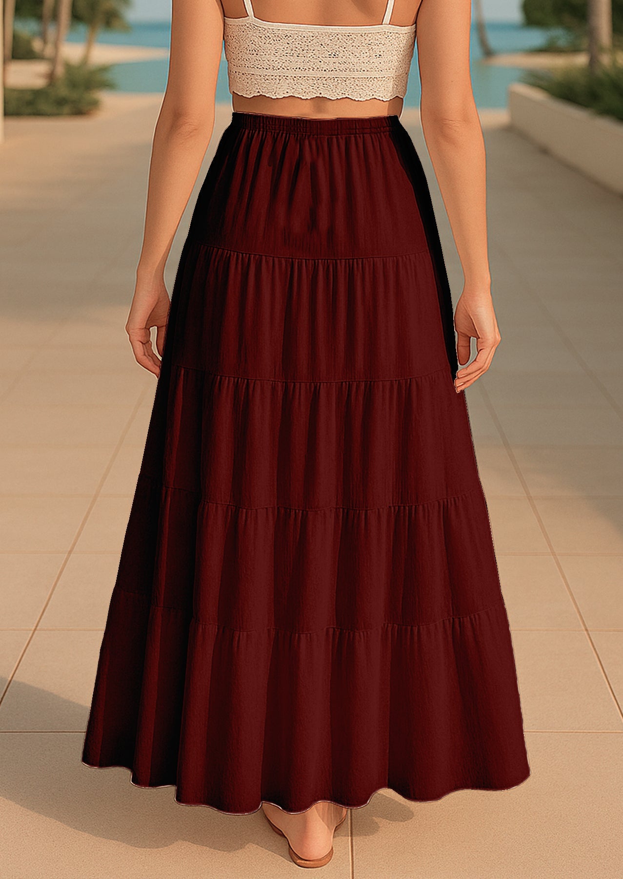 Women's Solid Cotton Maxi Skirt with Pockets Elastic Waist Resort Wear