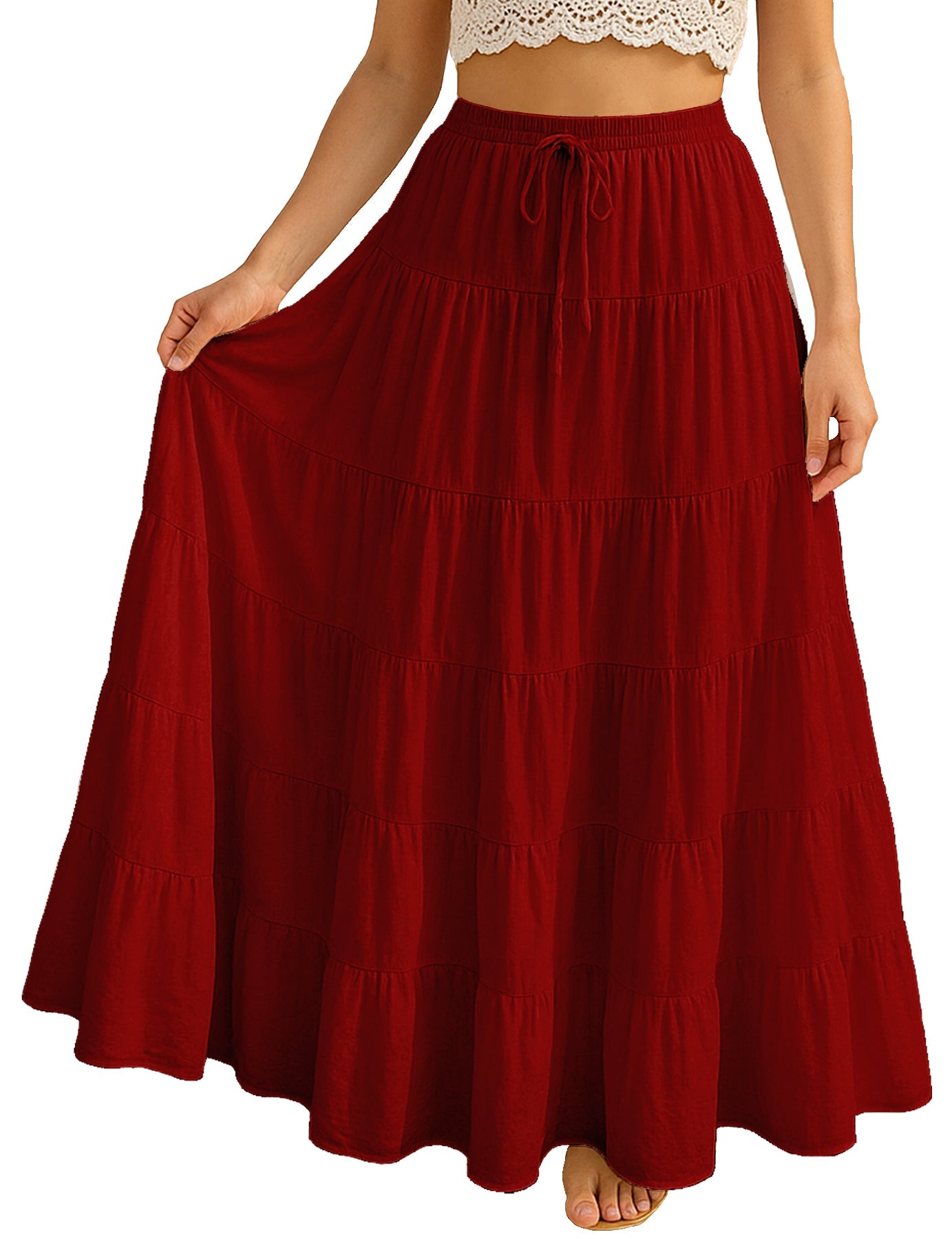 Women's Solid Cotton Maxi Skirt with Pockets Elastic Waist Resort Wear