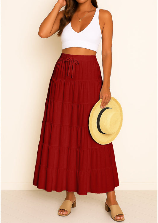 Women's Solid Cotton Maxi Skirt with Pockets Elastic Waist Resort Wear