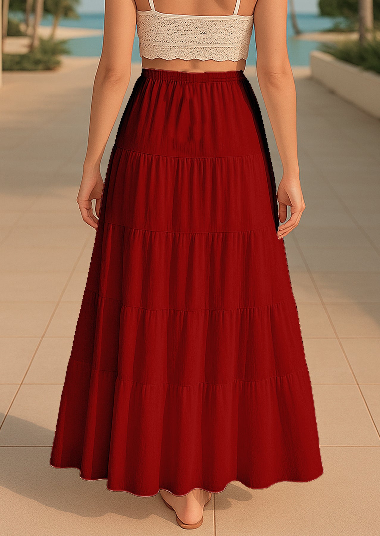 Women's Solid Cotton Maxi Skirt with Pockets Elastic Waist Resort Wear