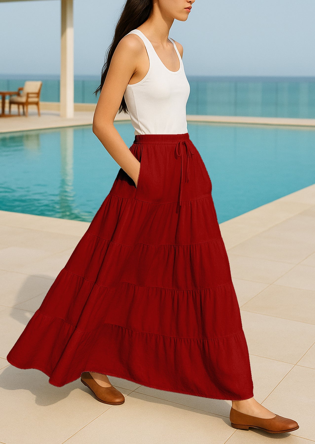Women's Solid Cotton Maxi Skirt with Pockets Elastic Waist Resort Wear