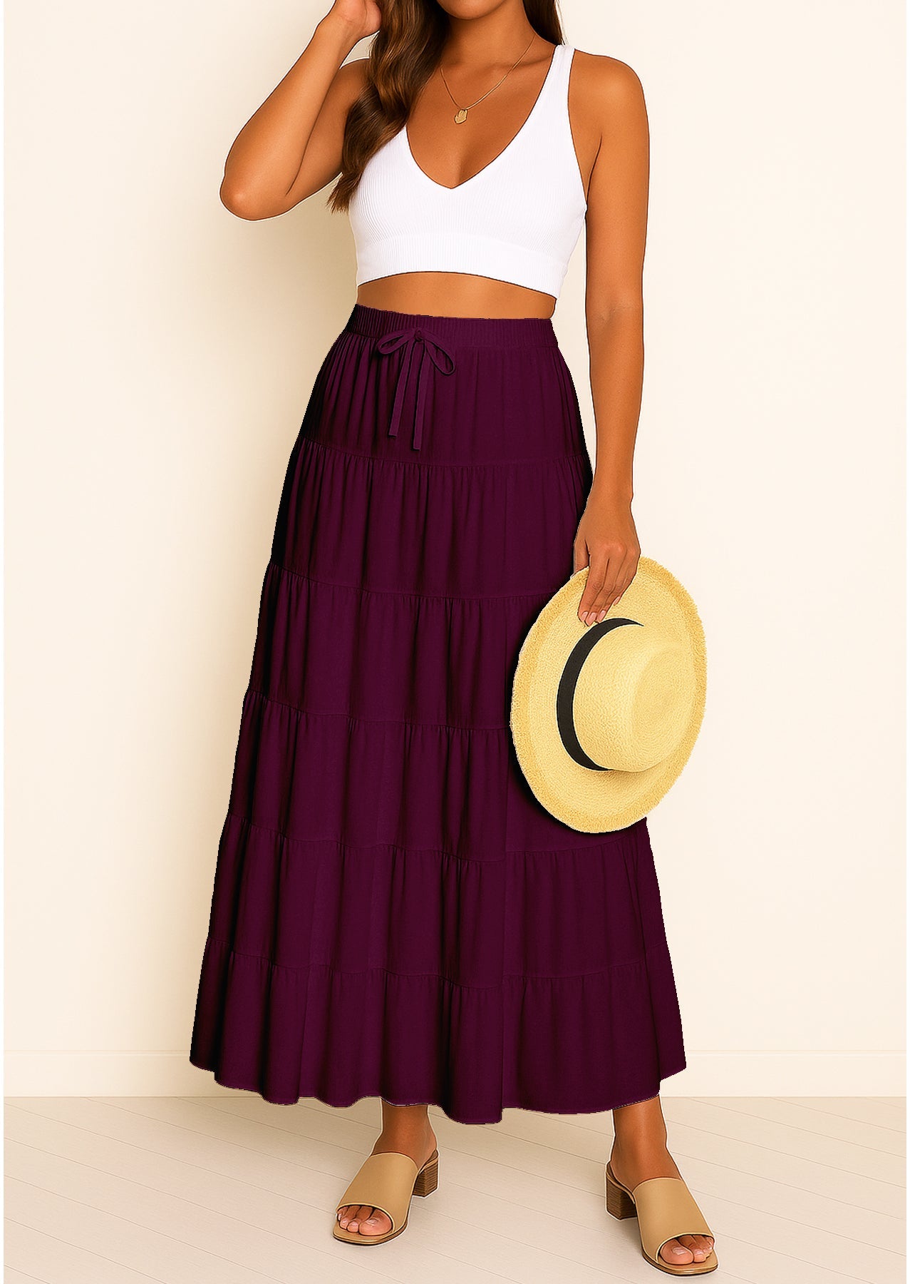 Women's Solid Cotton Maxi Skirt with Pockets Elastic Waist Resort Wear
