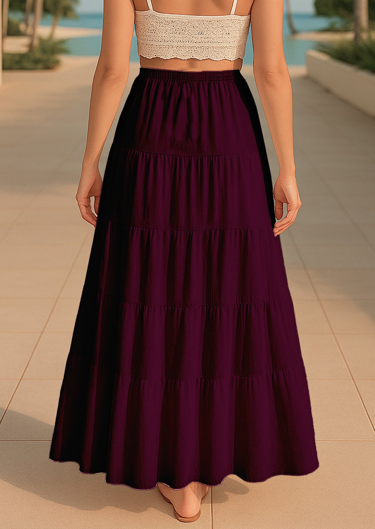Women's Solid Cotton Maxi Skirt with Pockets Elastic Waist Resort Wear