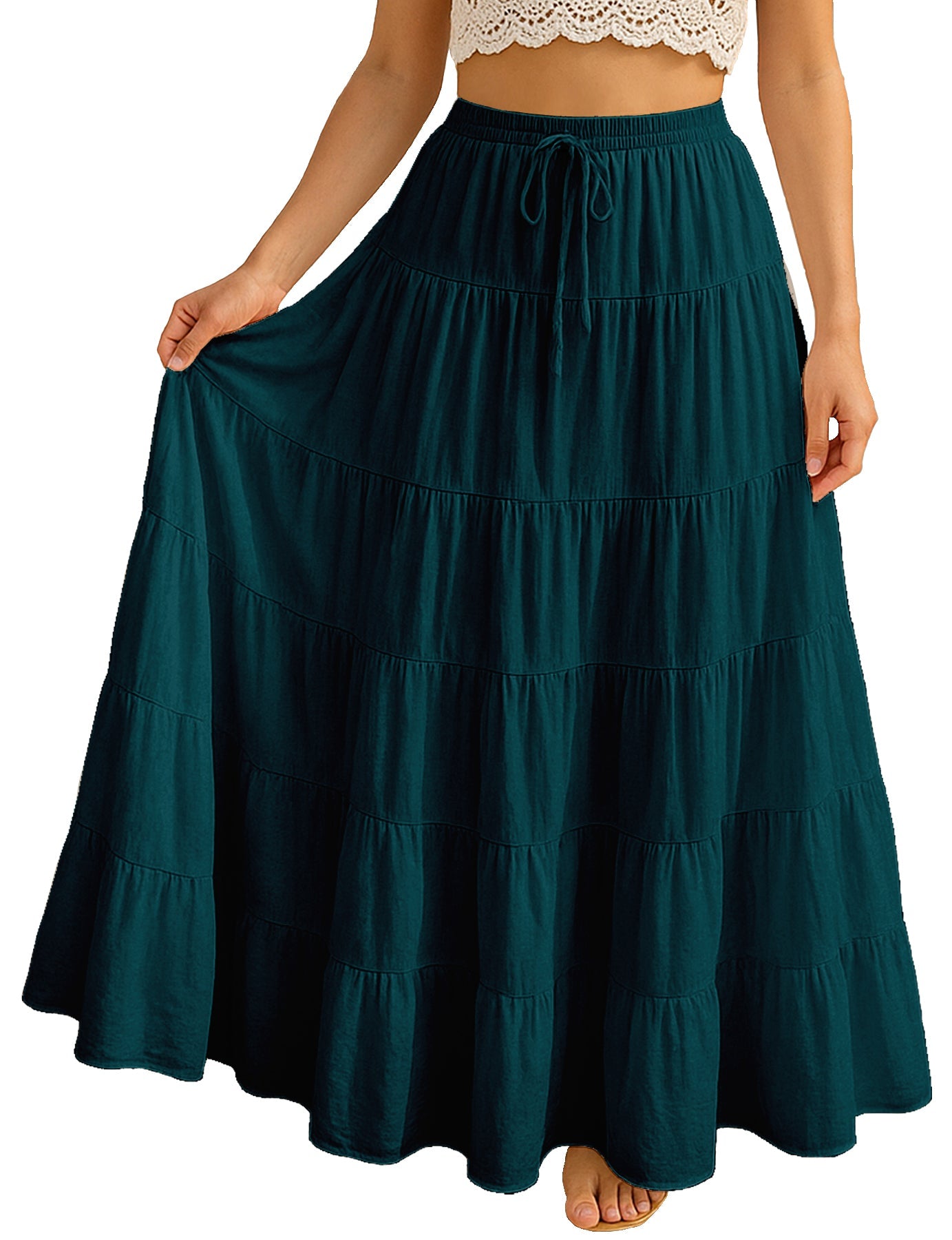 Women's Solid Cotton Maxi Skirt with Pockets Elastic Waist Resort Wear