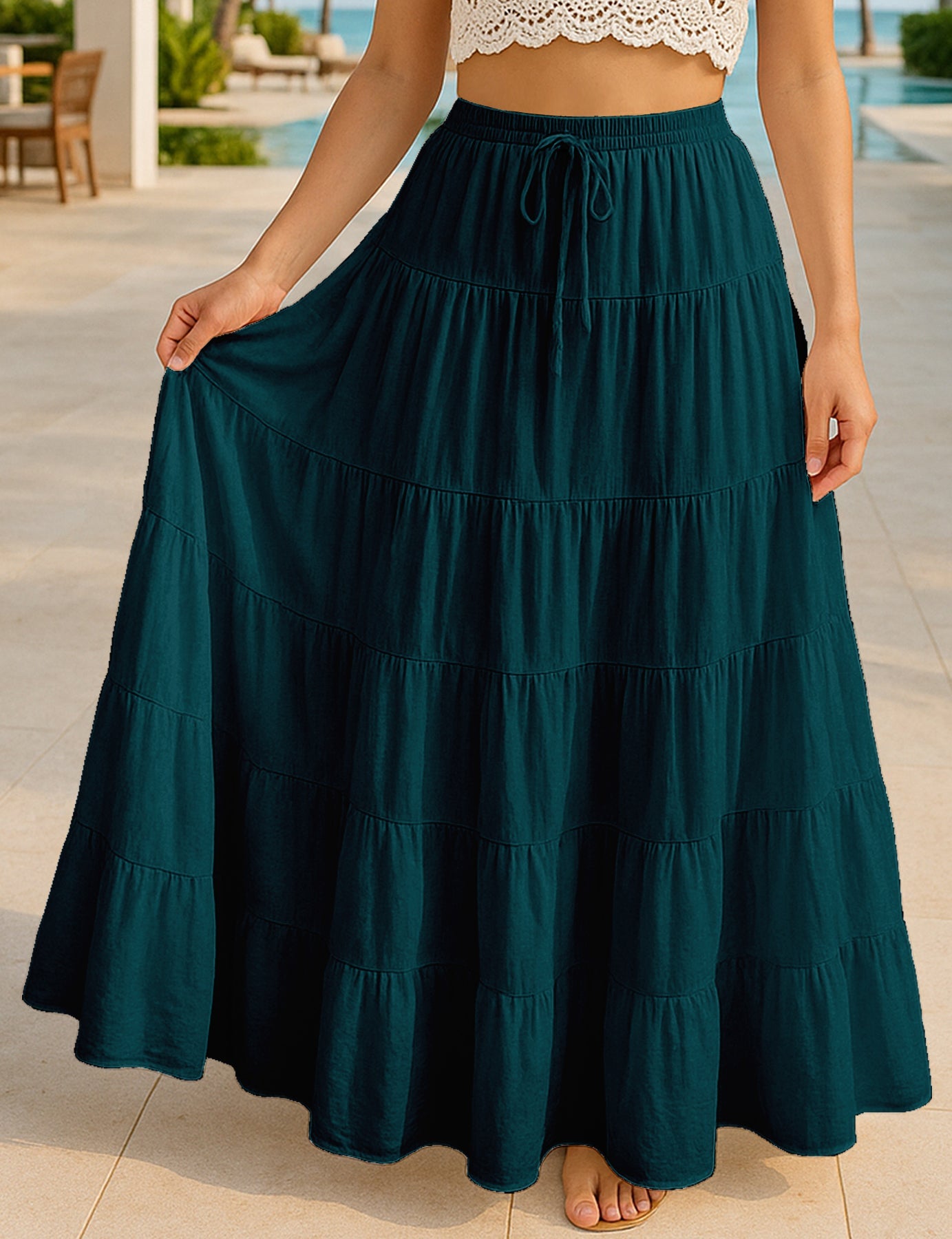 Women's Solid Cotton Maxi Skirt with Pockets Elastic Waist Resort Wear