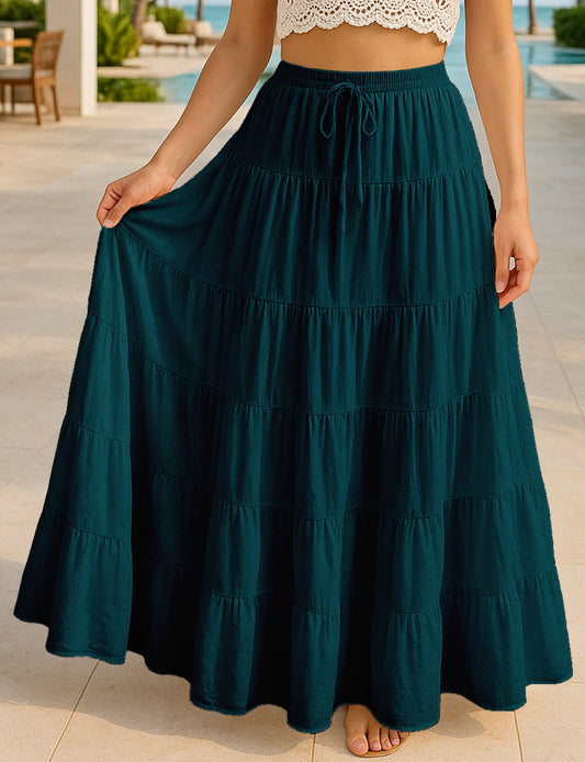 Women's Solid Cotton Maxi Skirt with Pockets Elastic Waist Resort Wear