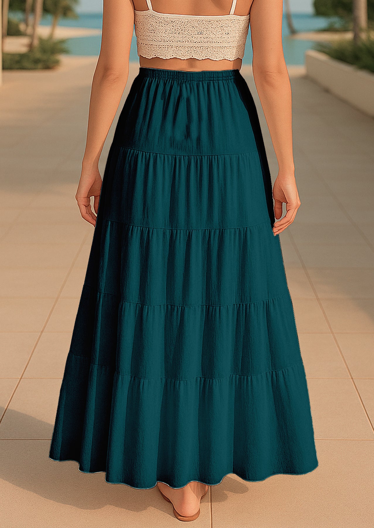Women's Solid Cotton Maxi Skirt with Pockets Elastic Waist Resort Wear