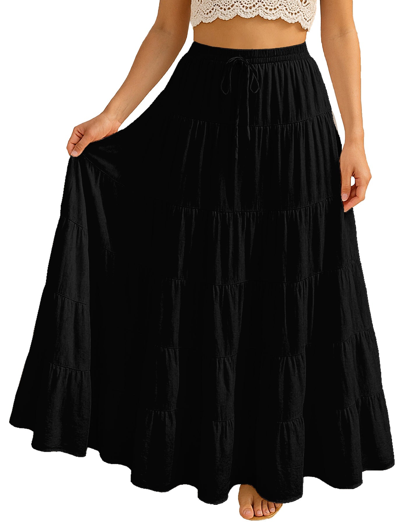 Women's Solid Cotton Maxi Skirt with Pockets Elastic Waist Resort Wear