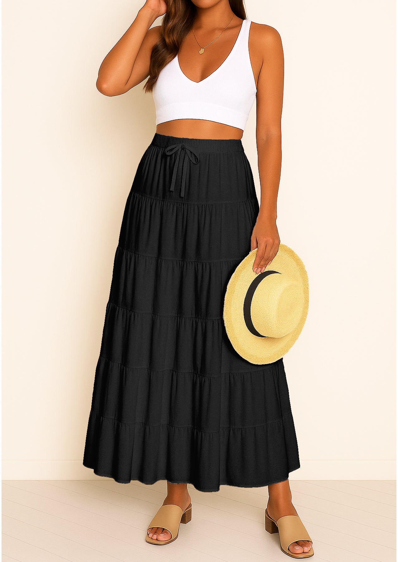 Women's Solid Cotton Maxi Skirt with Pockets Elastic Waist Resort Wear