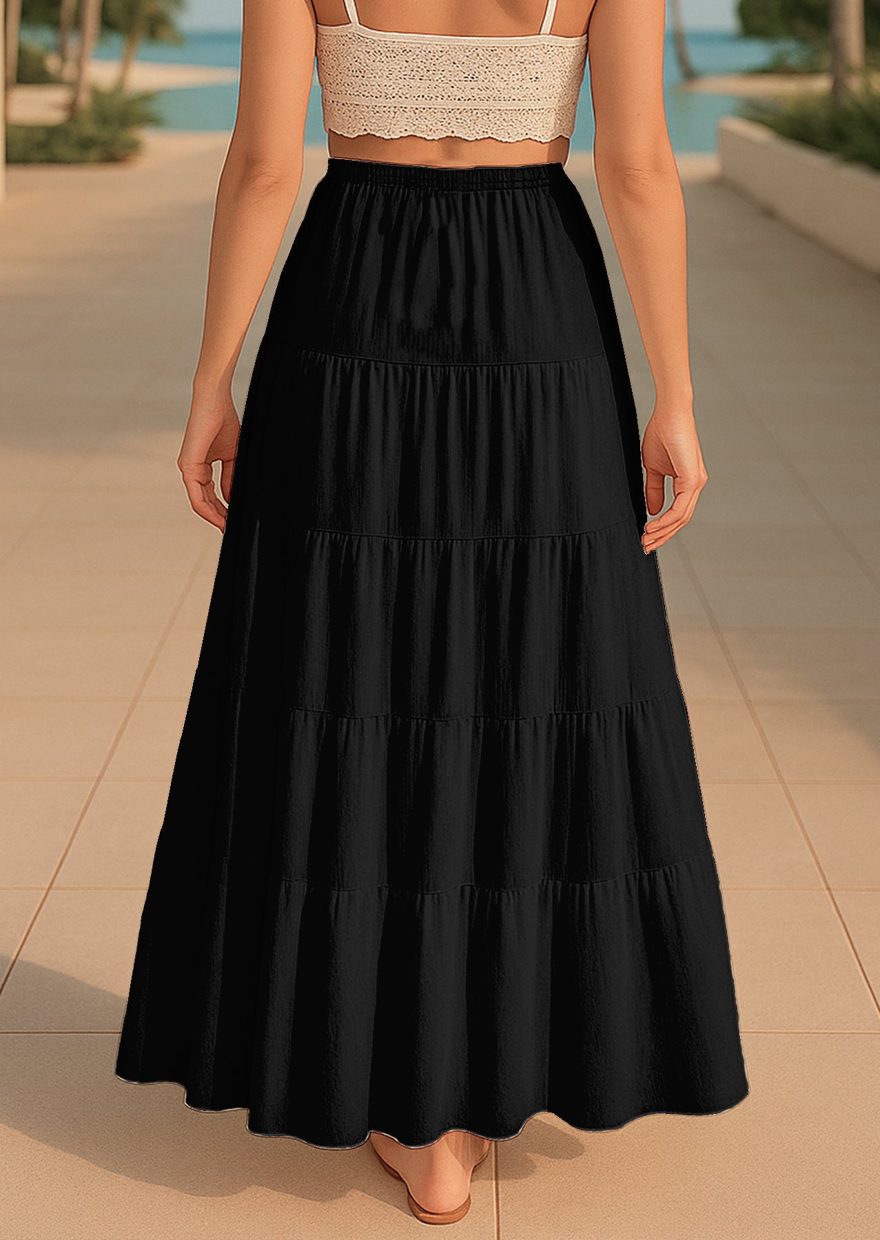 Women's Solid Cotton Maxi Skirt with Pockets Elastic Waist Resort Wear