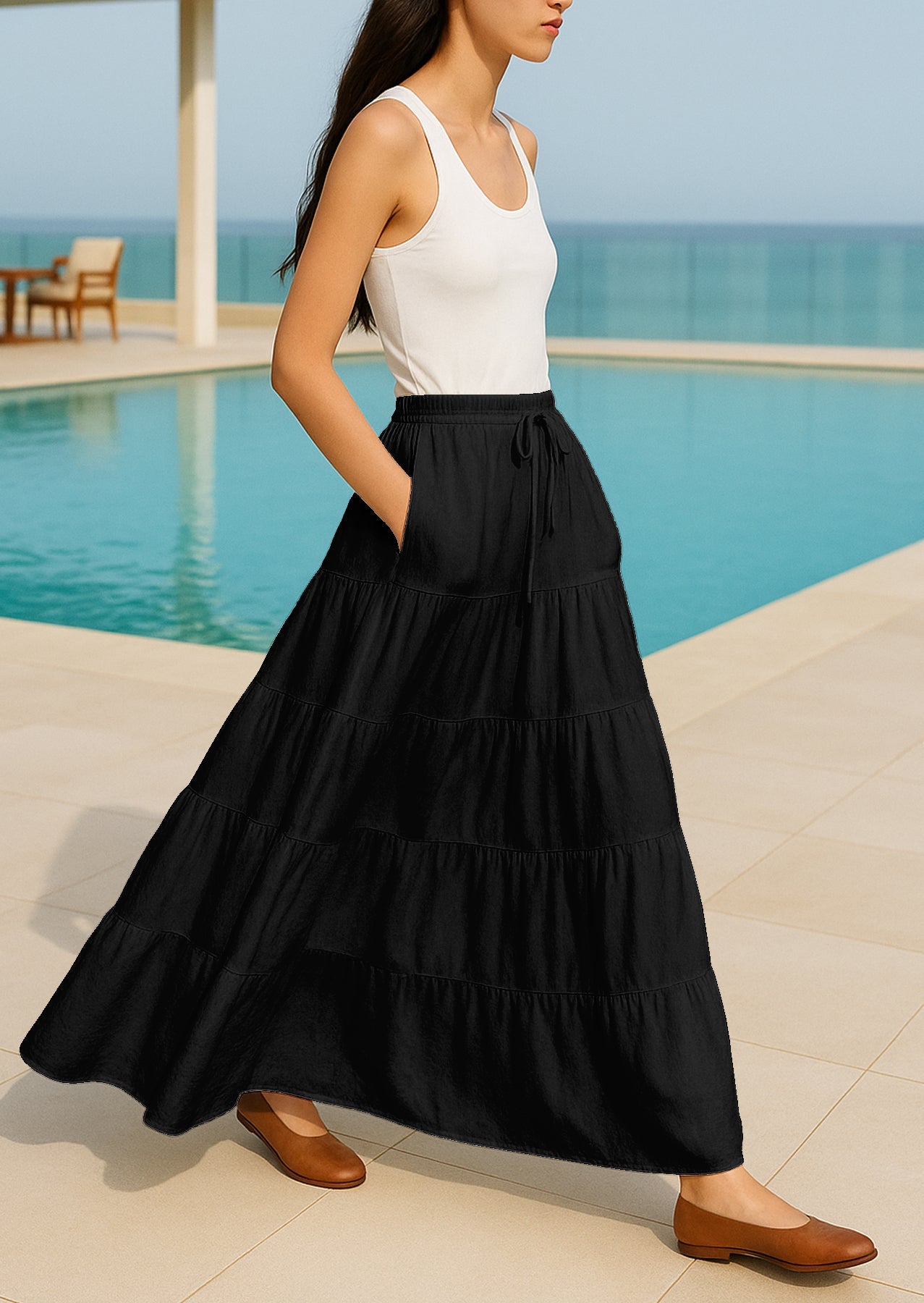 Women's Solid Cotton Maxi Skirt with Pockets Elastic Waist Resort Wear