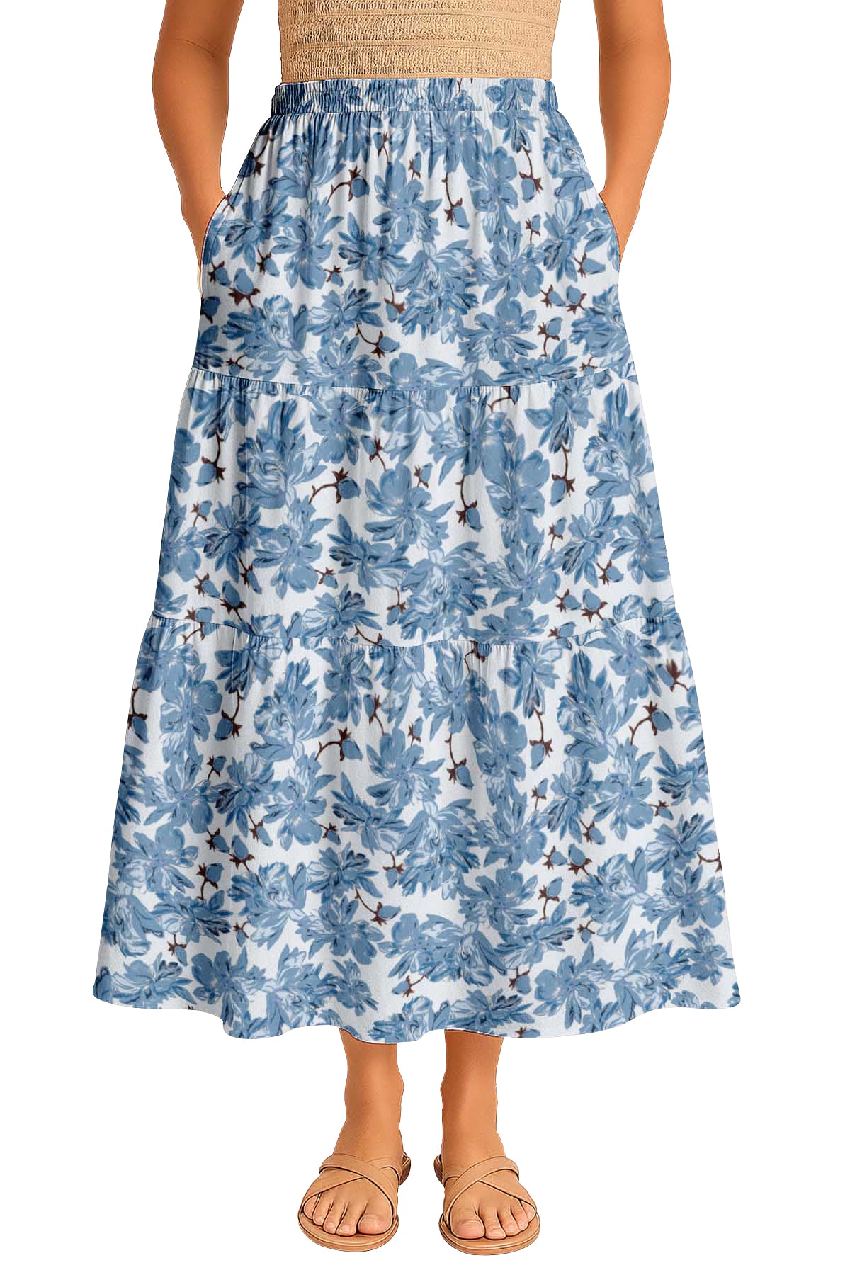 Women's Rayon Maxi Skirt with Pockets | Flowy Tiered Boho Skirt