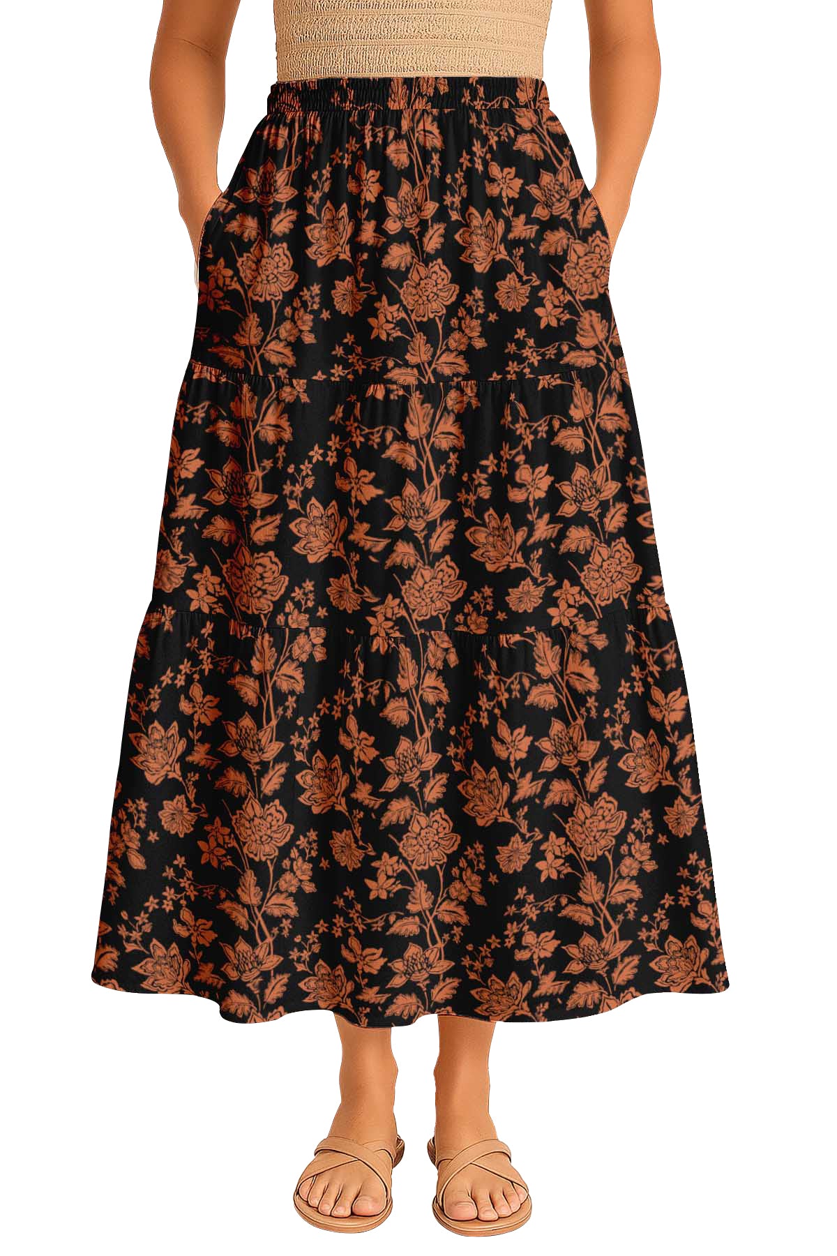 Women's Rayon Maxi Skirt with Pockets | Flowy Tiered Boho Skirt