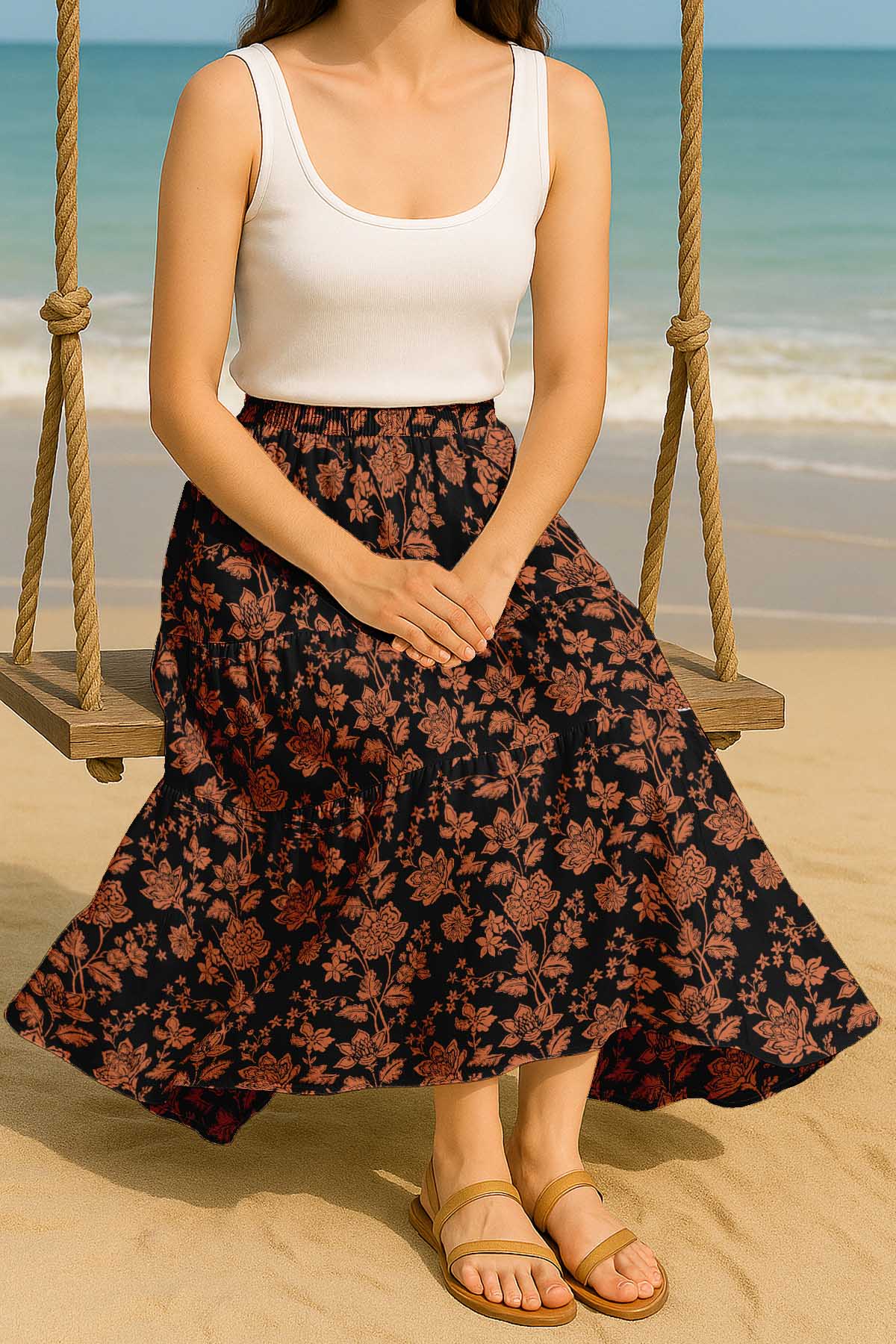 Women's Rayon Maxi Skirt with Pockets | Flowy Tiered Boho Skirt