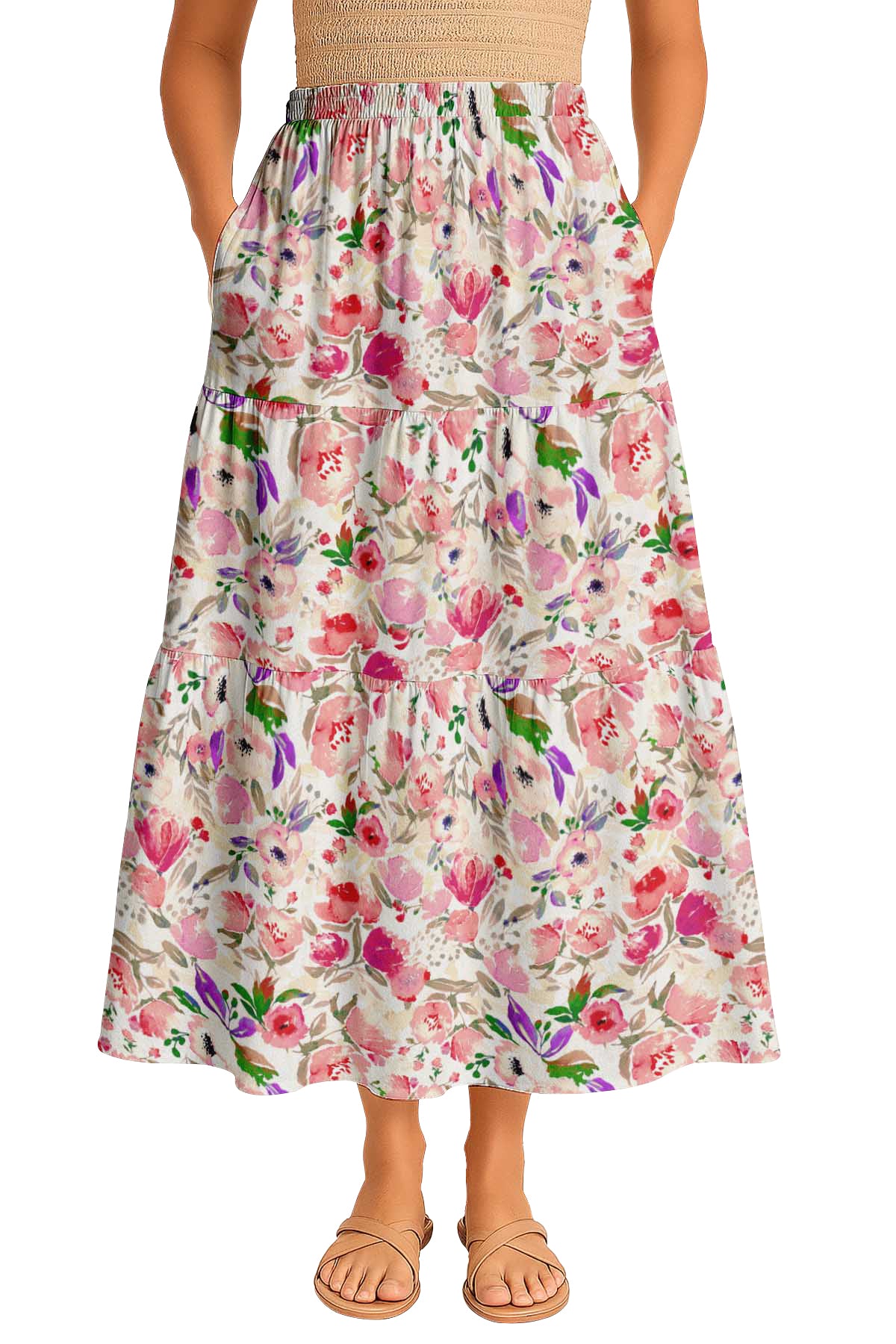 Women's Rayon Maxi Skirt with Pockets | Flowy Tiered Boho Skirt