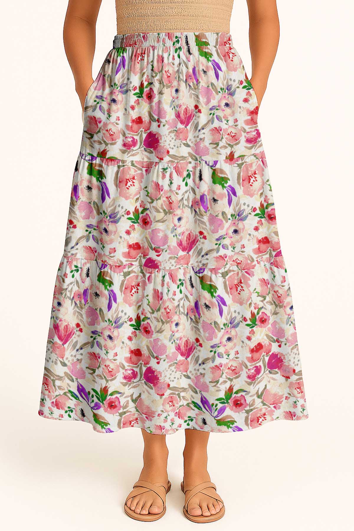 Women's Rayon Maxi Skirt with Pockets | Flowy Tiered Boho Skirt