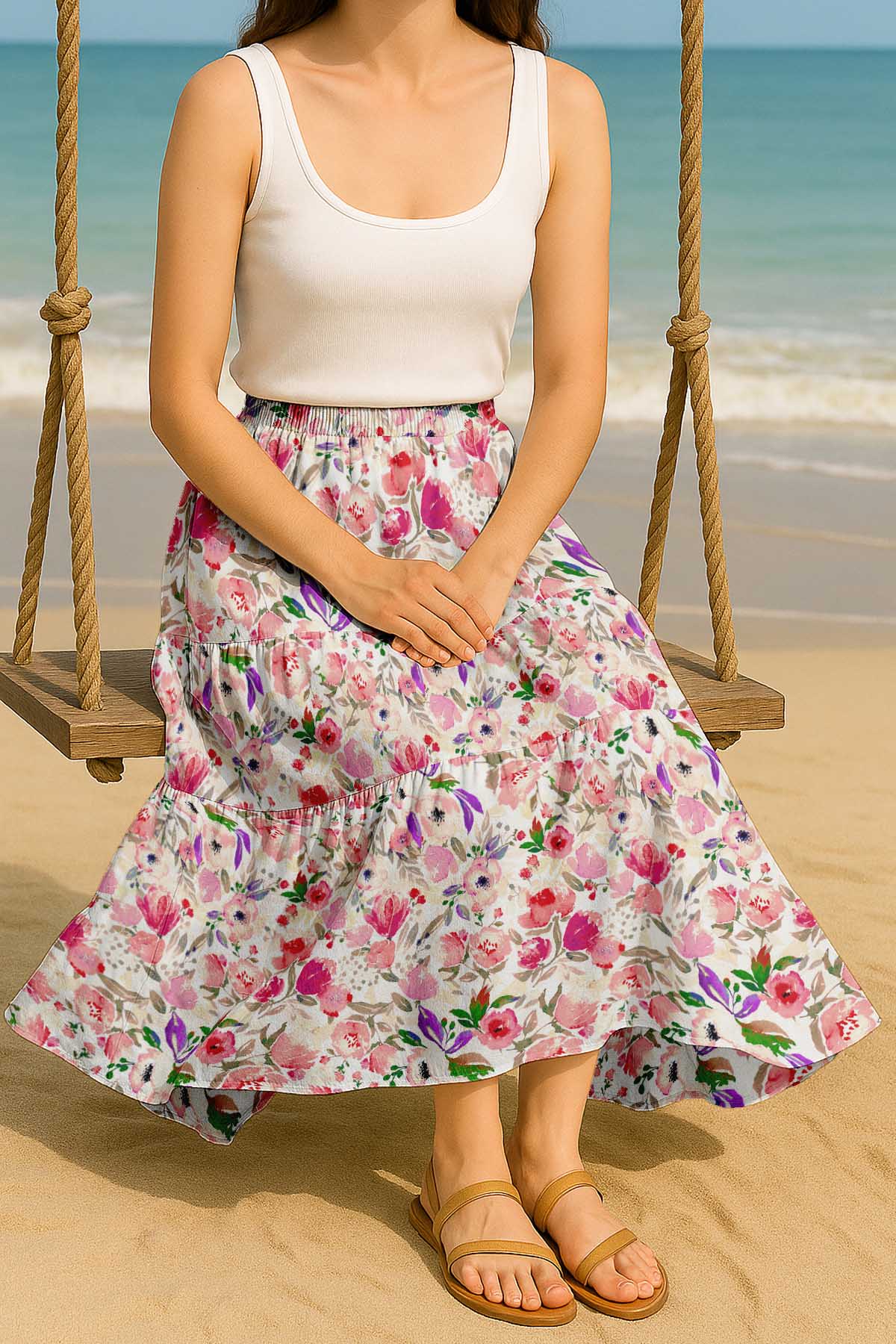 Women's Rayon Maxi Skirt with Pockets | Flowy Tiered Boho Skirt
