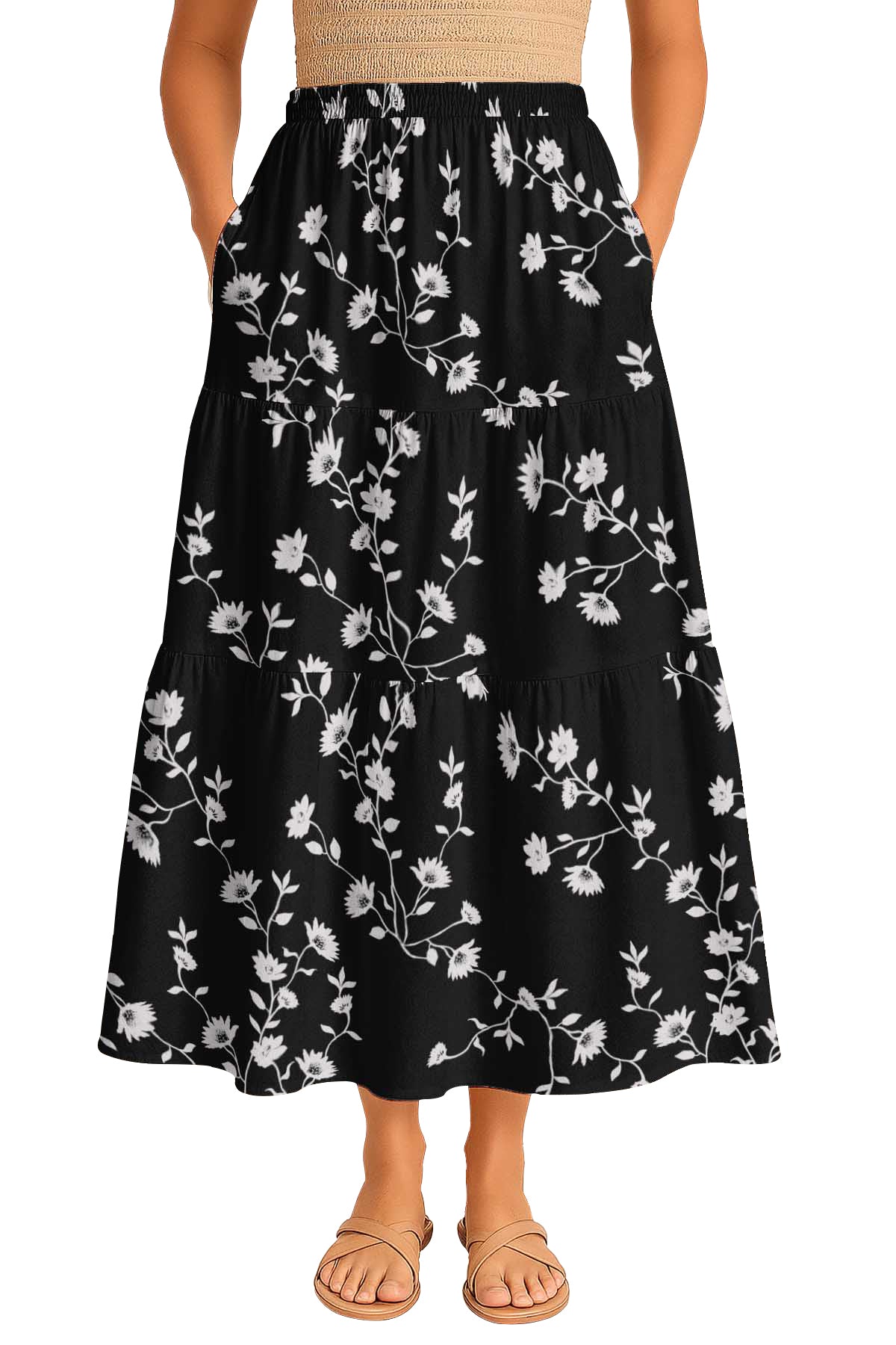 Women's Rayon Maxi Skirt with Pockets | Flowy Tiered Boho Skirt