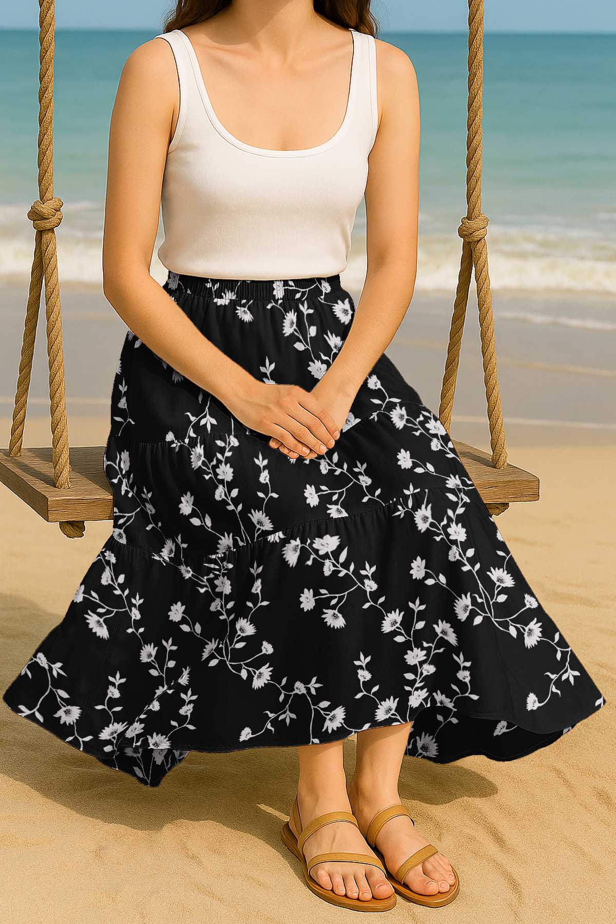 Women's Rayon Maxi Skirt with Pockets | Flowy Tiered Boho Skirt