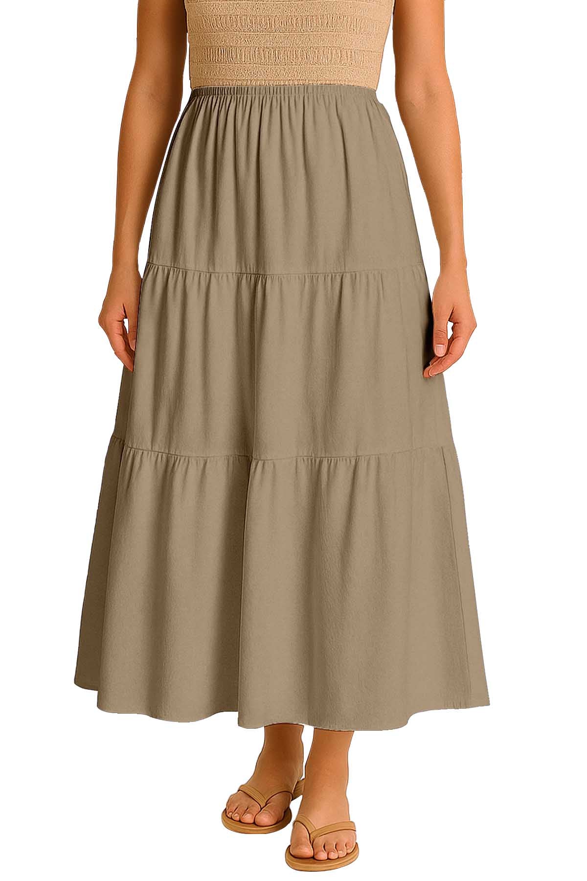 Moomaya Women's Elastic Waist Skirt | Solid Bohemian Style Rayon Maxi with Side Pockets | Tiered Flowy Skirt with Pockets