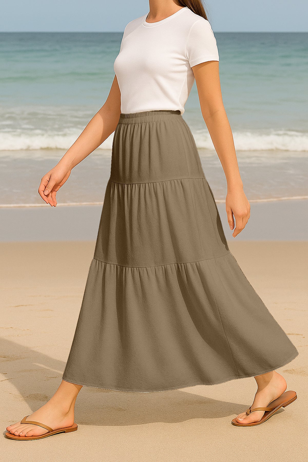 Moomaya Women's Elastic Waist Skirt | Solid Bohemian Style Rayon Maxi with Side Pockets | Tiered Flowy Skirt with Pockets