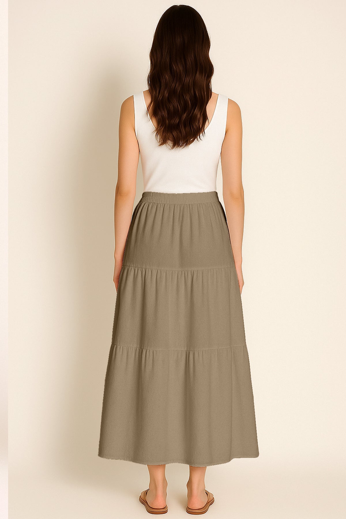 Moomaya Women's Elastic Waist Skirt | Solid Bohemian Style Rayon Maxi with Side Pockets | Tiered Flowy Skirt with Pockets