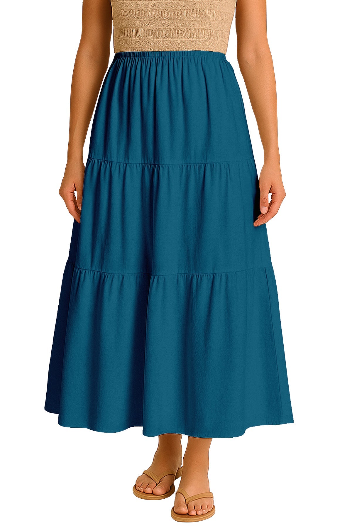 Moomaya Women's Elastic Waist Skirt | Solid Bohemian Style Rayon Maxi with Side Pockets | Tiered Flowy Skirt with Pockets