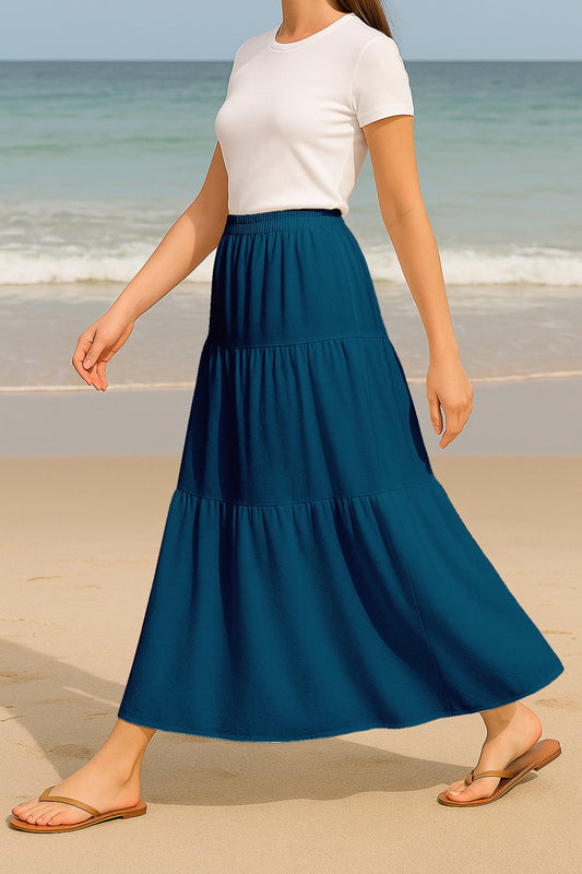 Moomaya Women's Elastic Waist Skirt | Solid Bohemian Style Rayon Maxi with Side Pockets | Tiered Flowy Skirt with Pockets