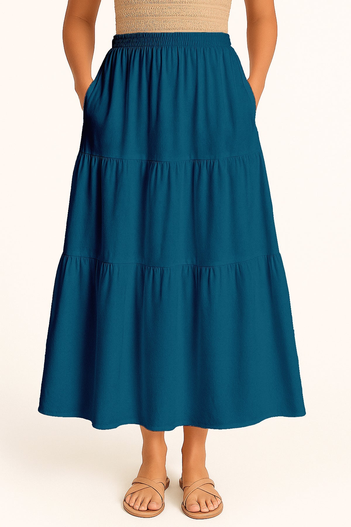 Moomaya Women's Elastic Waist Skirt | Solid Bohemian Style Rayon Maxi with Side Pockets | Tiered Flowy Skirt with Pockets