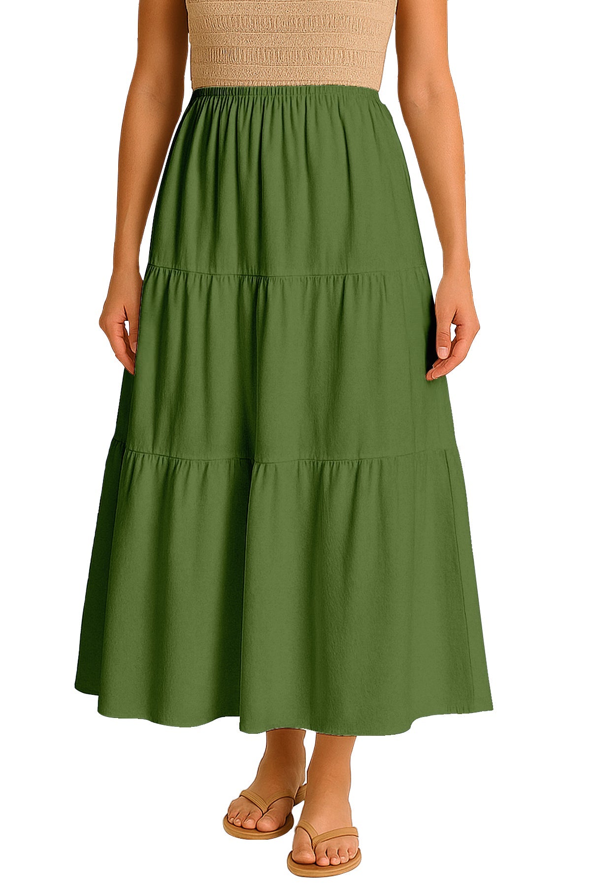 Moomaya Women's Elastic Waist Skirt | Solid Bohemian Style Rayon Maxi with Side Pockets | Tiered Flowy Skirt with Pockets