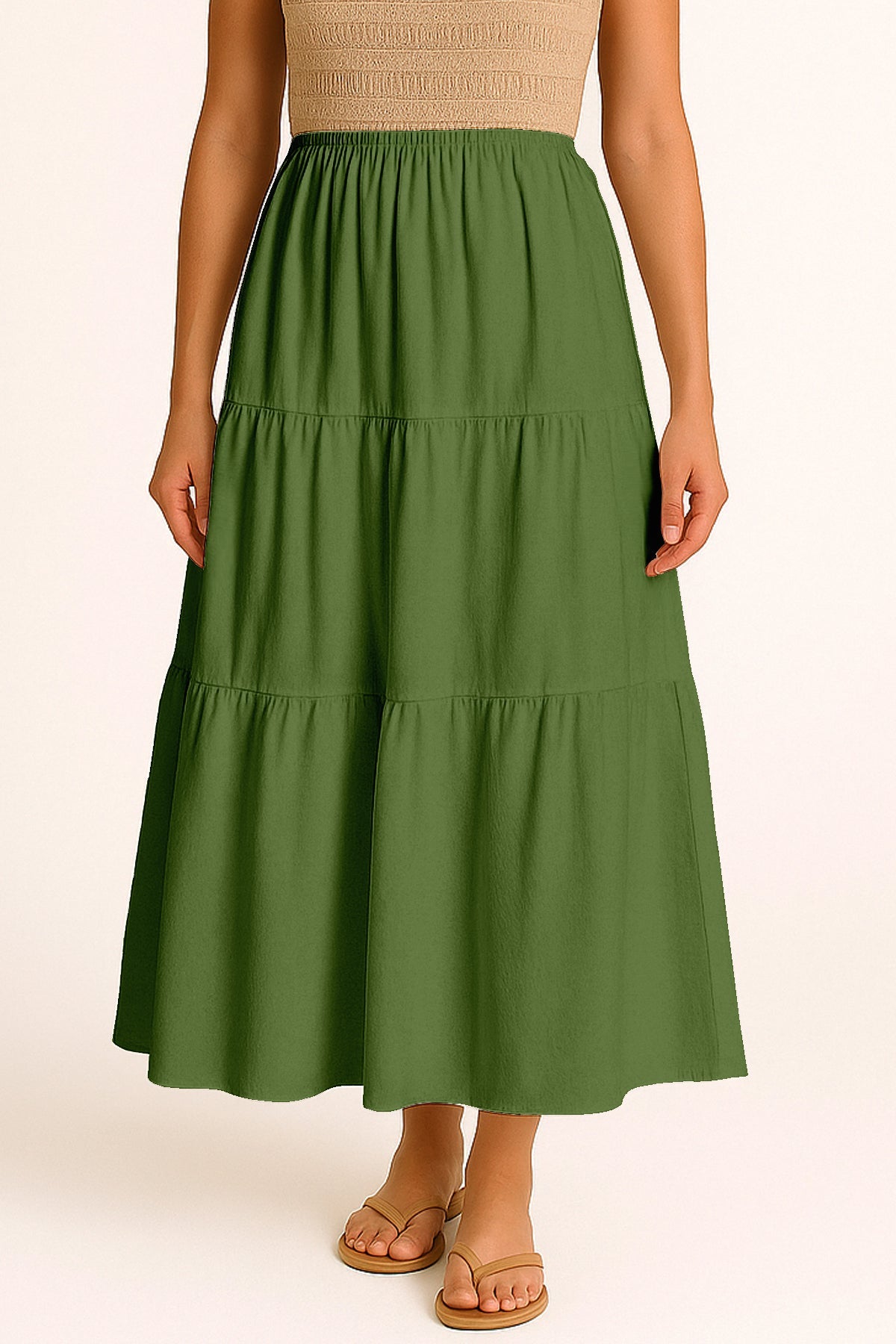 Moomaya Women's Elastic Waist Skirt | Solid Bohemian Style Rayon Maxi with Side Pockets | Tiered Flowy Skirt with Pockets