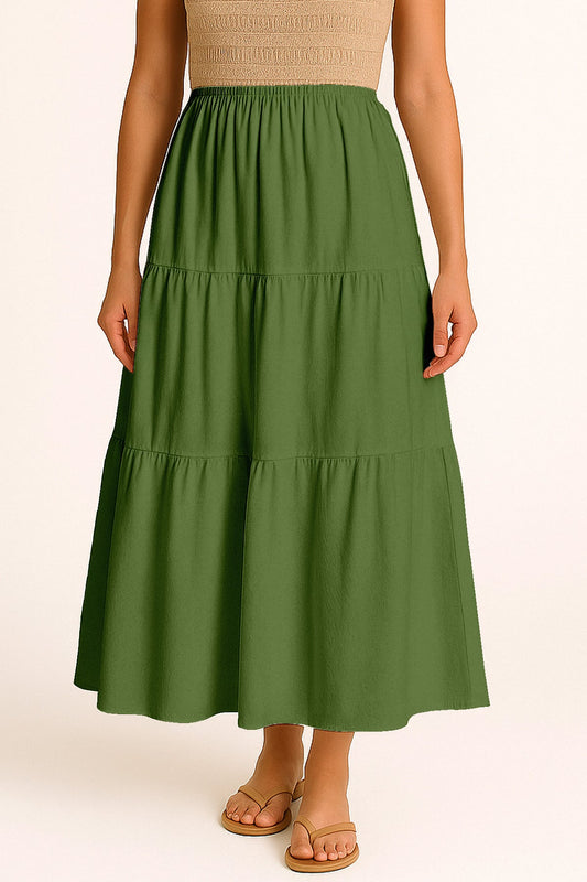 Moomaya Women's Elastic Waist Skirt | Solid Bohemian Style Rayon Maxi with Side Pockets | Tiered Flowy Skirt with Pockets