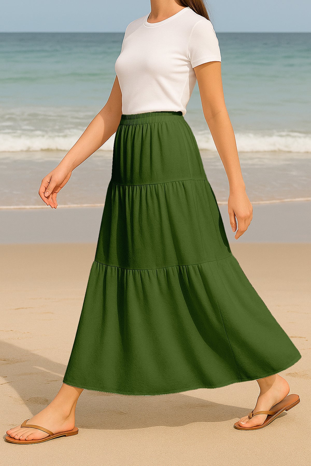Moomaya Women's Elastic Waist Skirt | Solid Bohemian Style Rayon Maxi with Side Pockets | Tiered Flowy Skirt with Pockets