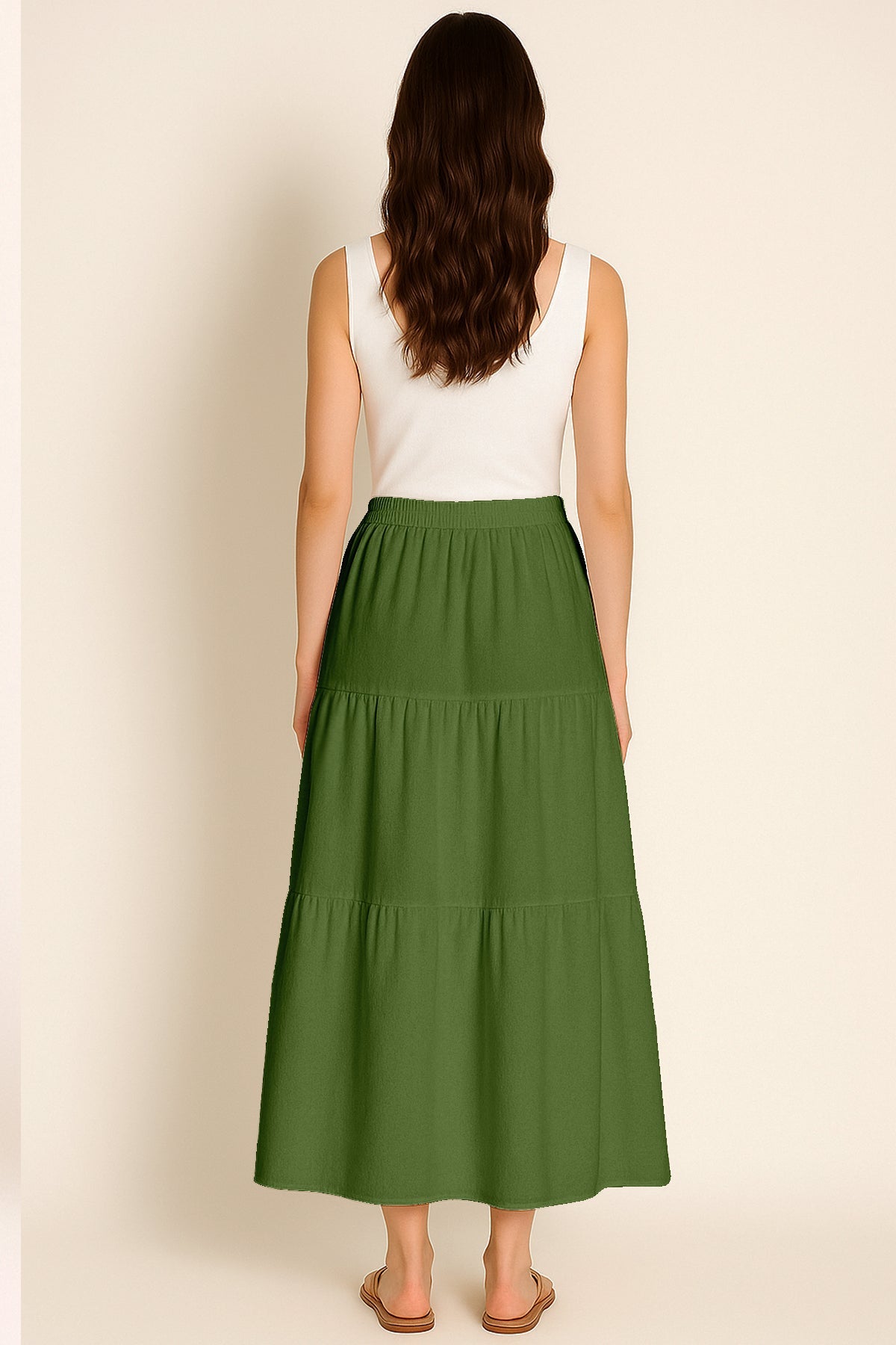 Moomaya Women's Elastic Waist Skirt | Solid Bohemian Style Rayon Maxi with Side Pockets | Tiered Flowy Skirt with Pockets