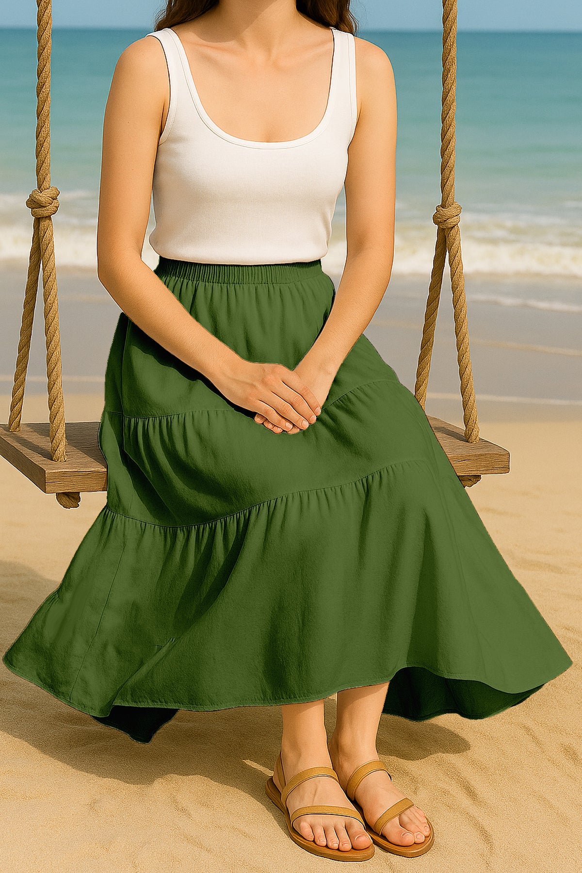 Moomaya Women's Elastic Waist Skirt | Solid Bohemian Style Rayon Maxi with Side Pockets | Tiered Flowy Skirt with Pockets