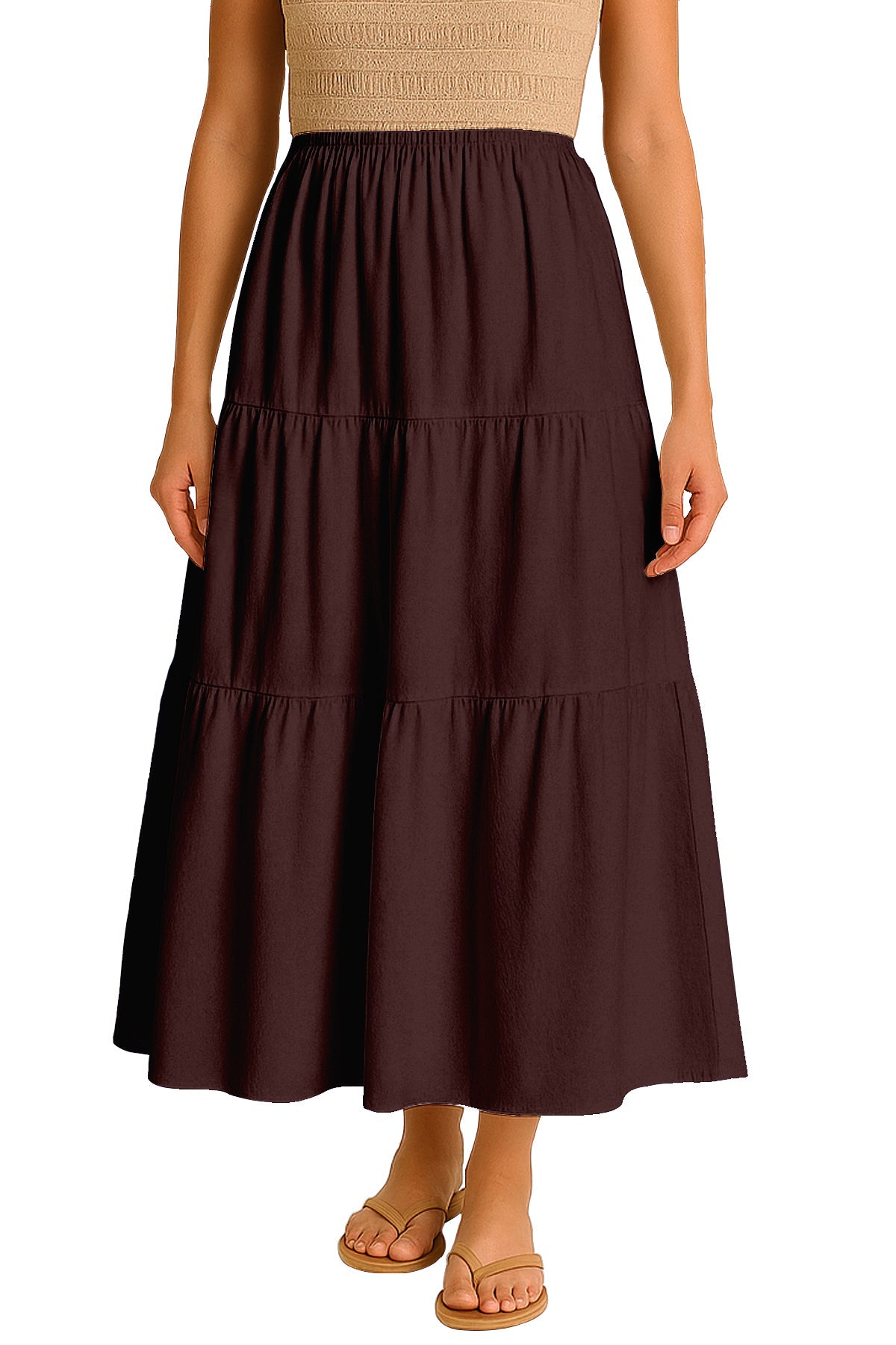Moomaya Women's Elastic Waist Skirt | Solid Bohemian Style Rayon Maxi with Side Pockets | Tiered Flowy Skirt with Pockets