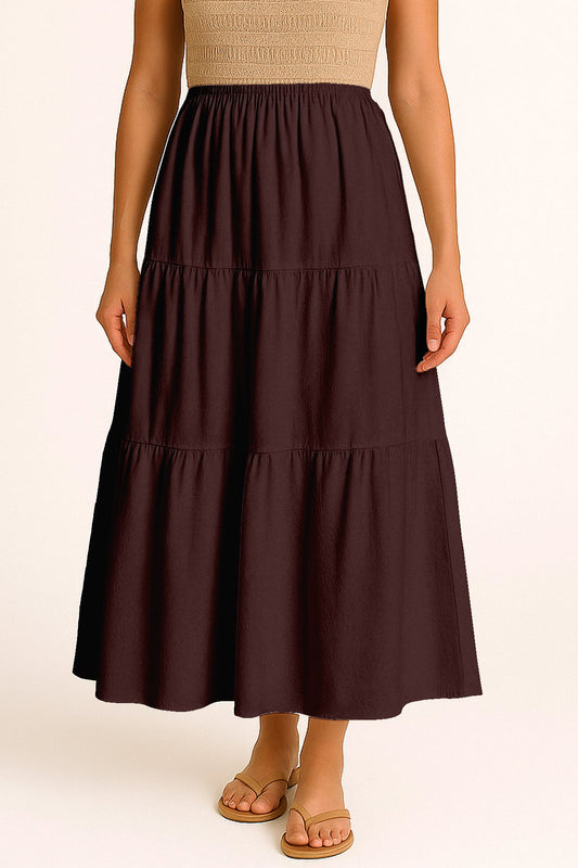 Moomaya Women's Elastic Waist Skirt | Solid Bohemian Style Rayon Maxi with Side Pockets | Tiered Flowy Skirt with Pockets