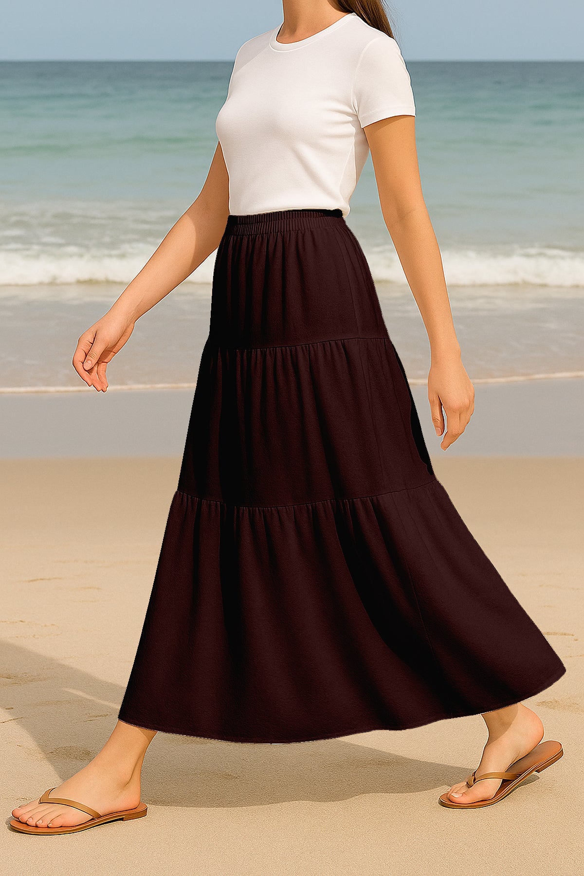 Moomaya Women's Elastic Waist Skirt | Solid Bohemian Style Rayon Maxi with Side Pockets | Tiered Flowy Skirt with Pockets