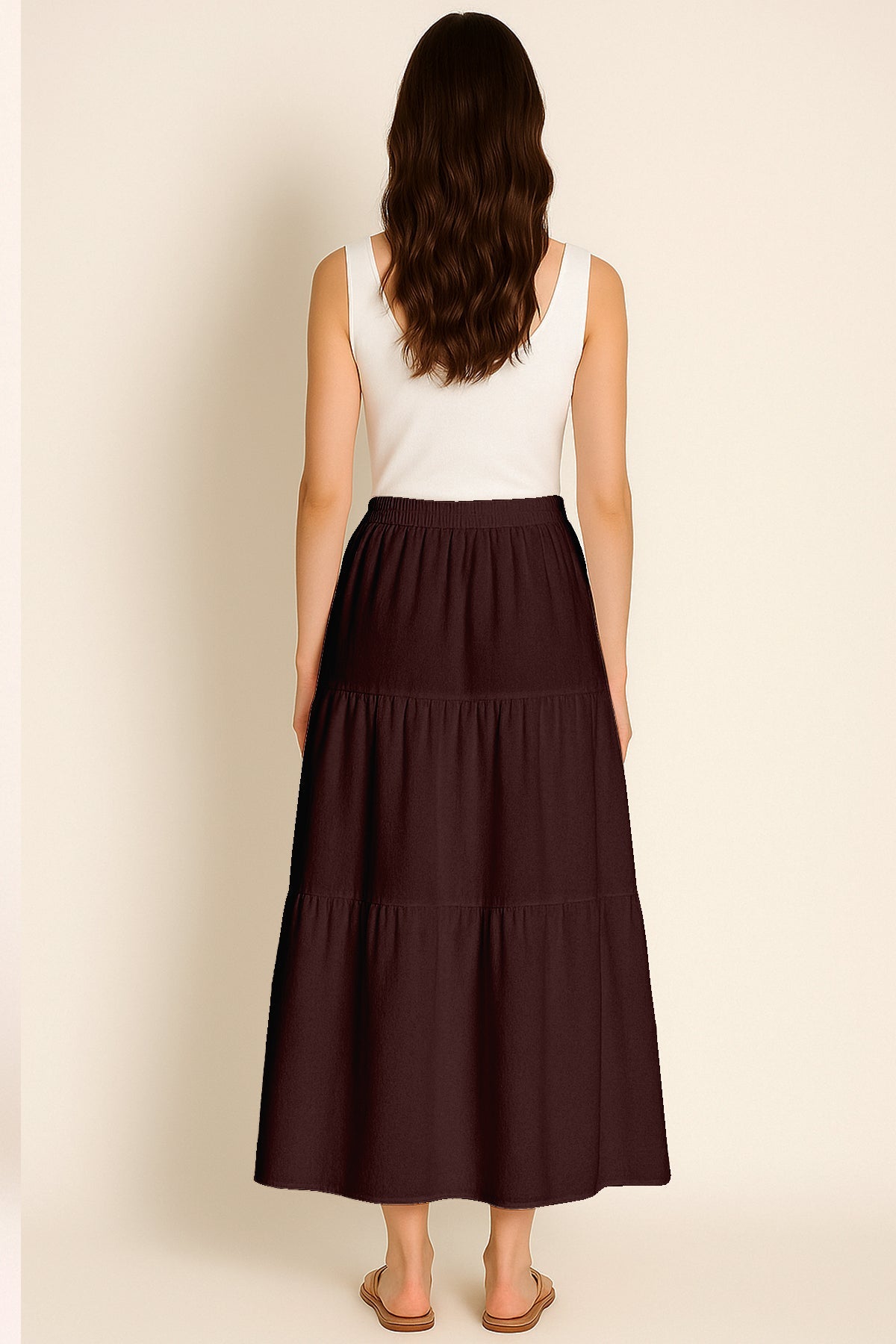 Moomaya Women's Elastic Waist Skirt | Solid Bohemian Style Rayon Maxi with Side Pockets | Tiered Flowy Skirt with Pockets