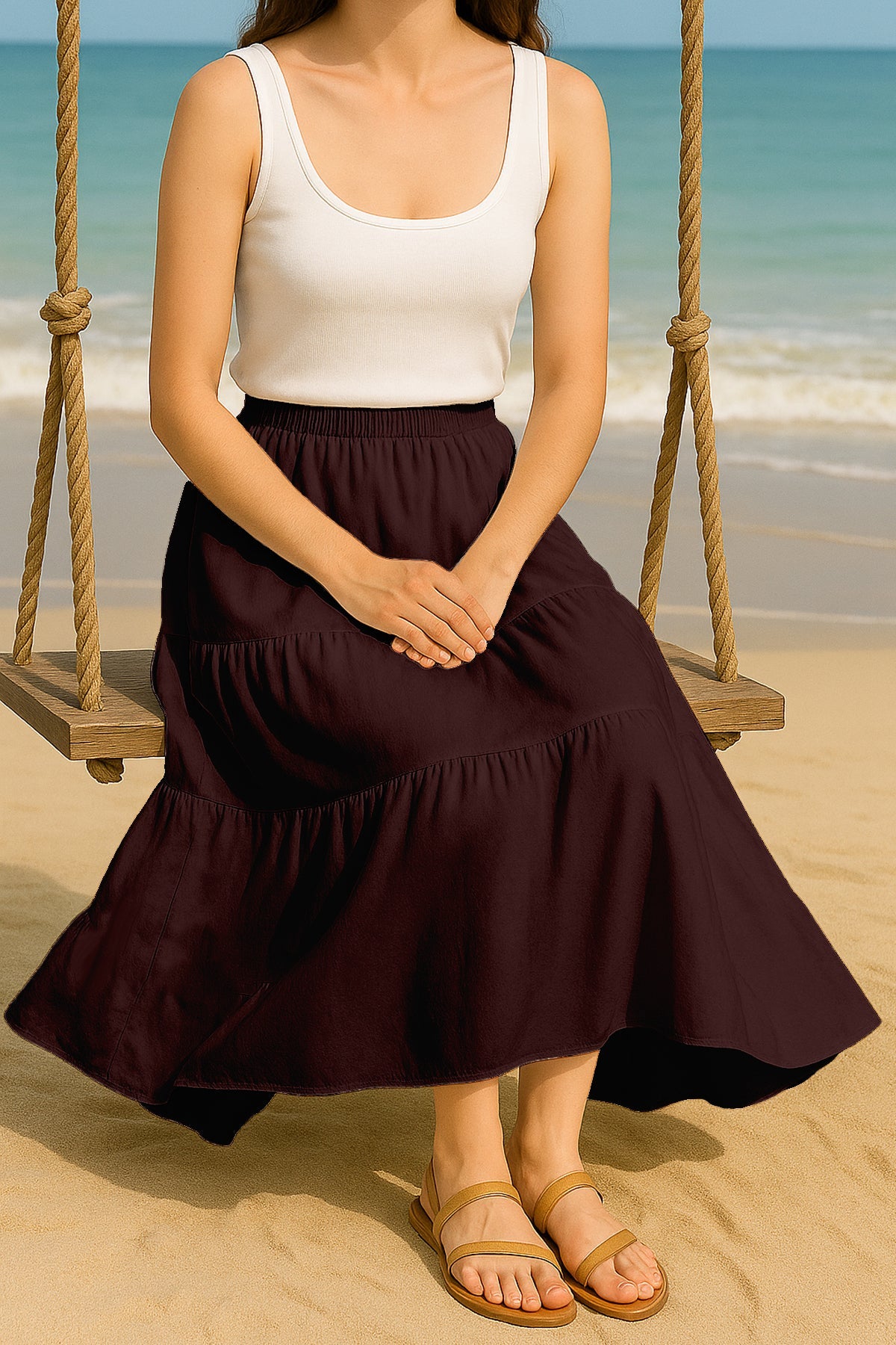 Moomaya Women's Elastic Waist Skirt | Solid Bohemian Style Rayon Maxi with Side Pockets | Tiered Flowy Skirt with Pockets