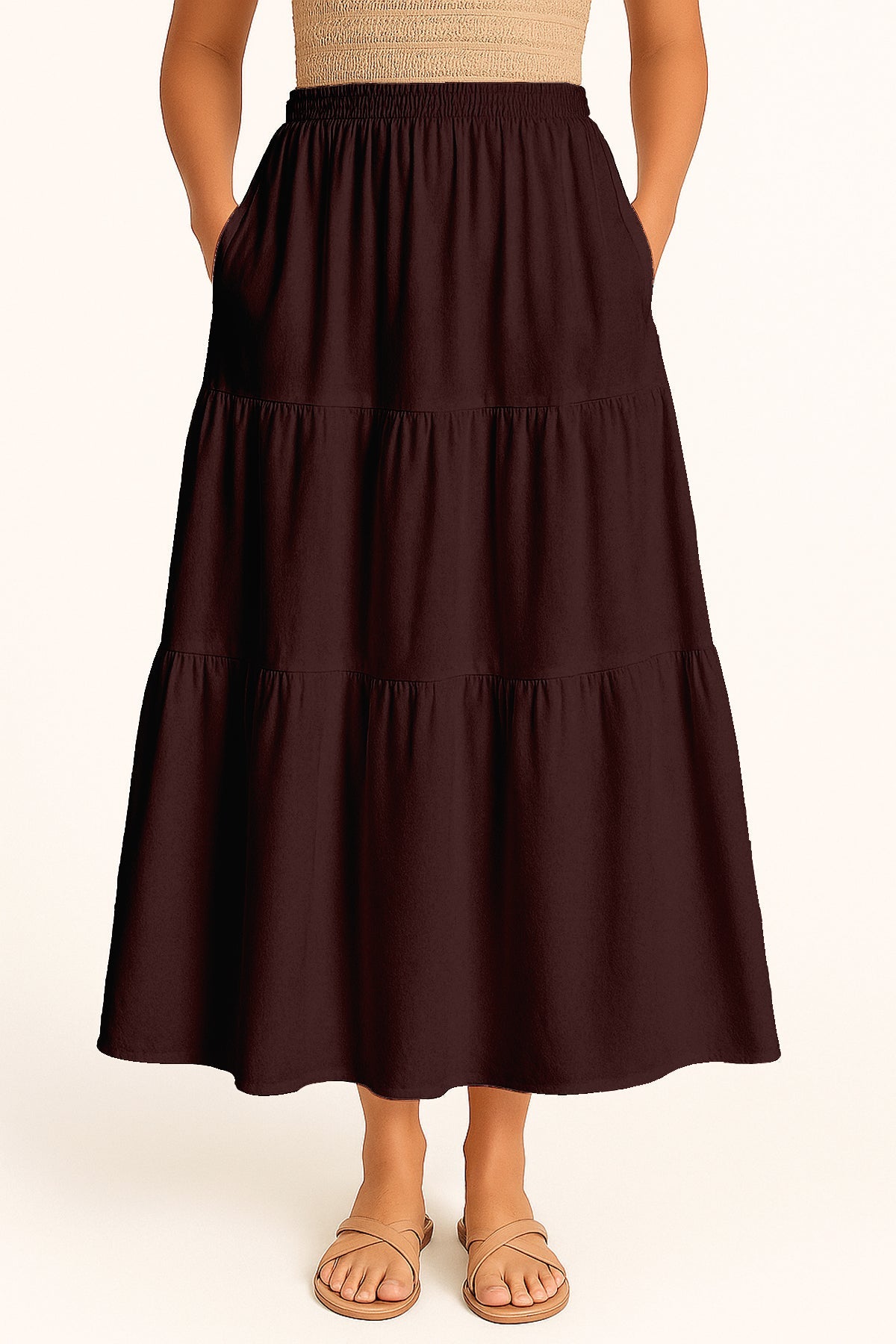 Moomaya Women's Elastic Waist Skirt | Solid Bohemian Style Rayon Maxi with Side Pockets | Tiered Flowy Skirt with Pockets