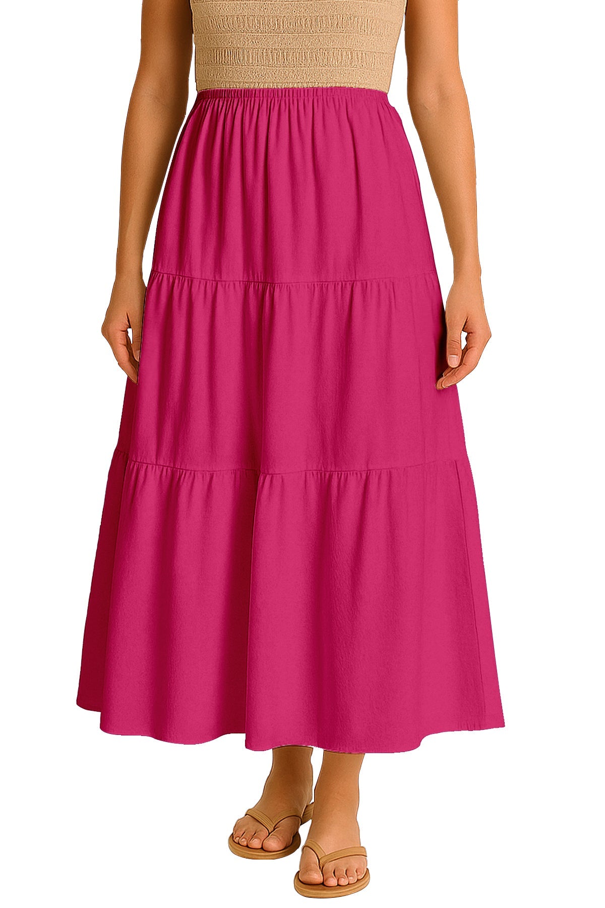 Moomaya Women's Elastic Waist Skirt | Solid Bohemian Style Rayon Maxi with Side Pockets | Tiered Flowy Skirt with Pockets
