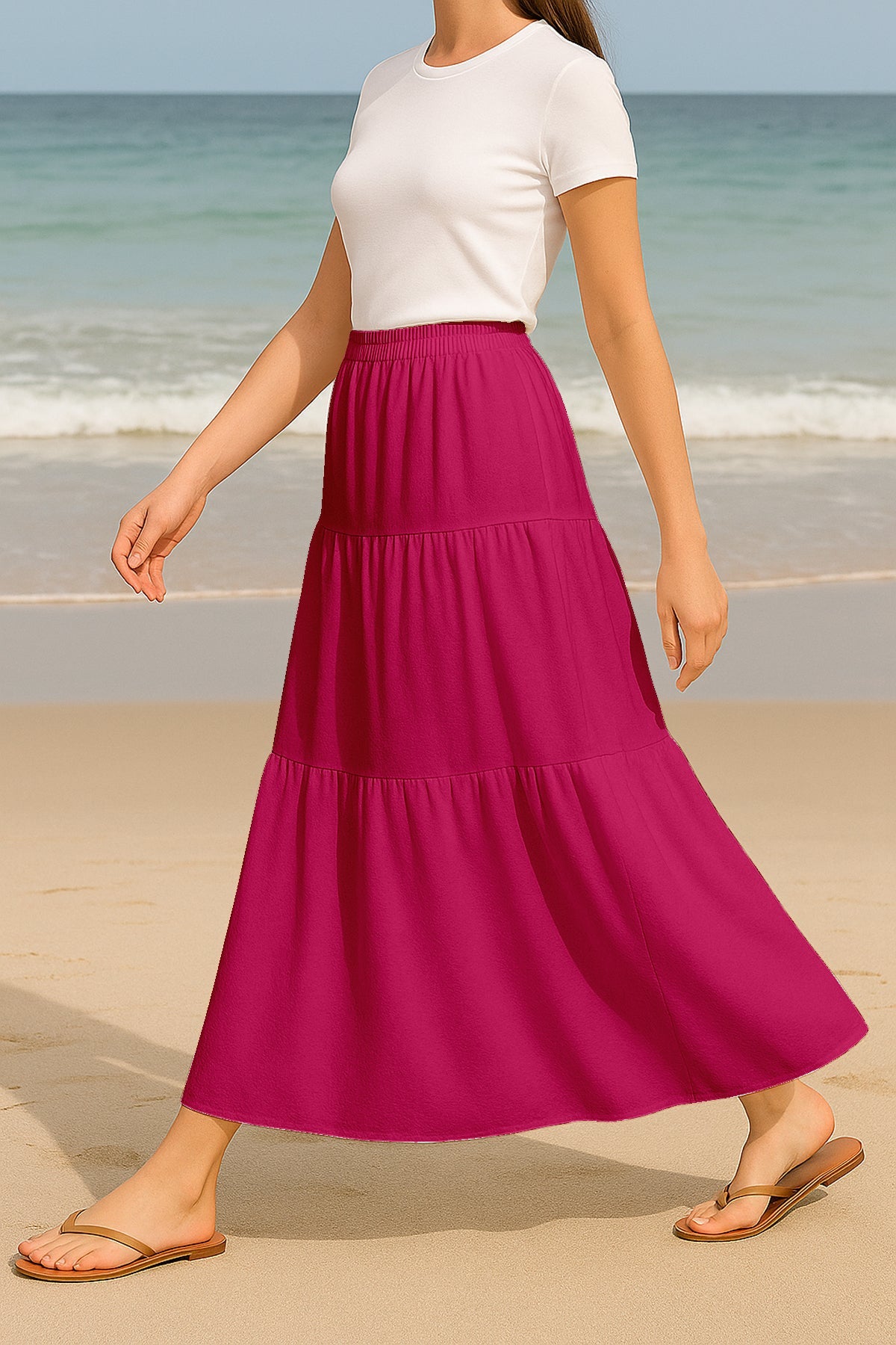 Moomaya Women's Elastic Waist Skirt | Solid Bohemian Style Rayon Maxi with Side Pockets | Tiered Flowy Skirt with Pockets