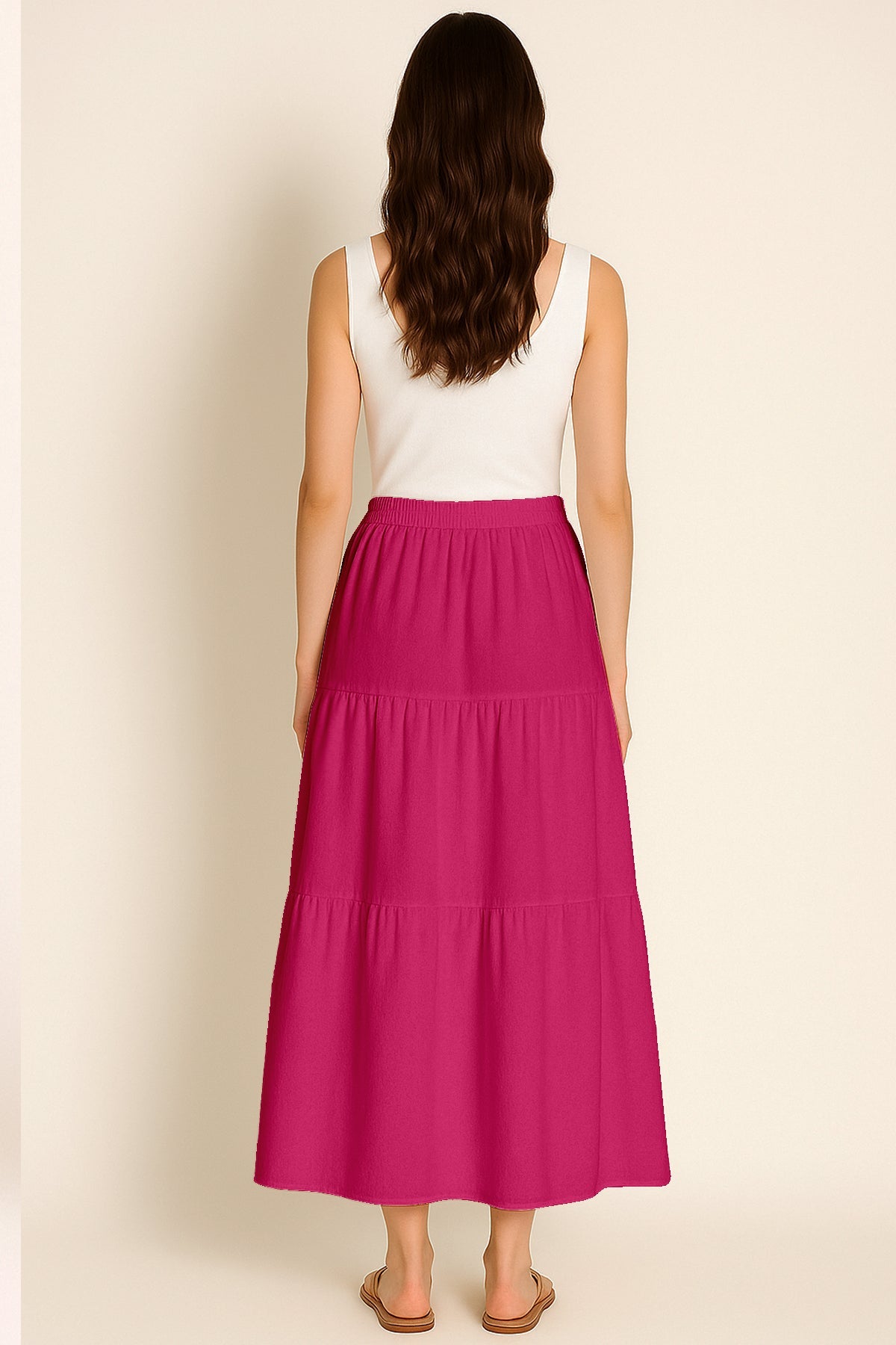 Moomaya Women's Elastic Waist Skirt | Solid Bohemian Style Rayon Maxi with Side Pockets | Tiered Flowy Skirt with Pockets