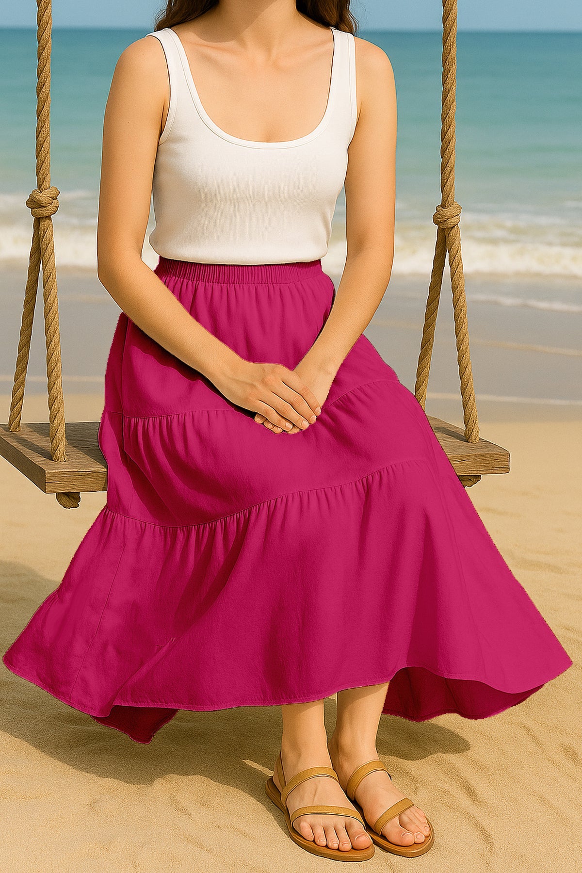 Moomaya Women's Elastic Waist Skirt | Solid Bohemian Style Rayon Maxi with Side Pockets | Tiered Flowy Skirt with Pockets