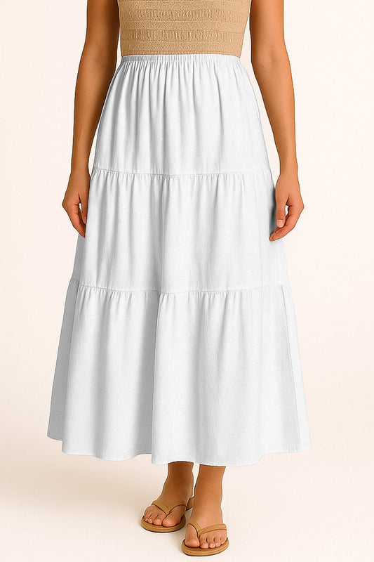 Moomaya Women's Elastic Waist Skirt | Solid Bohemian Style Rayon Maxi with Side Pockets | Tiered Flowy Skirt with Pockets